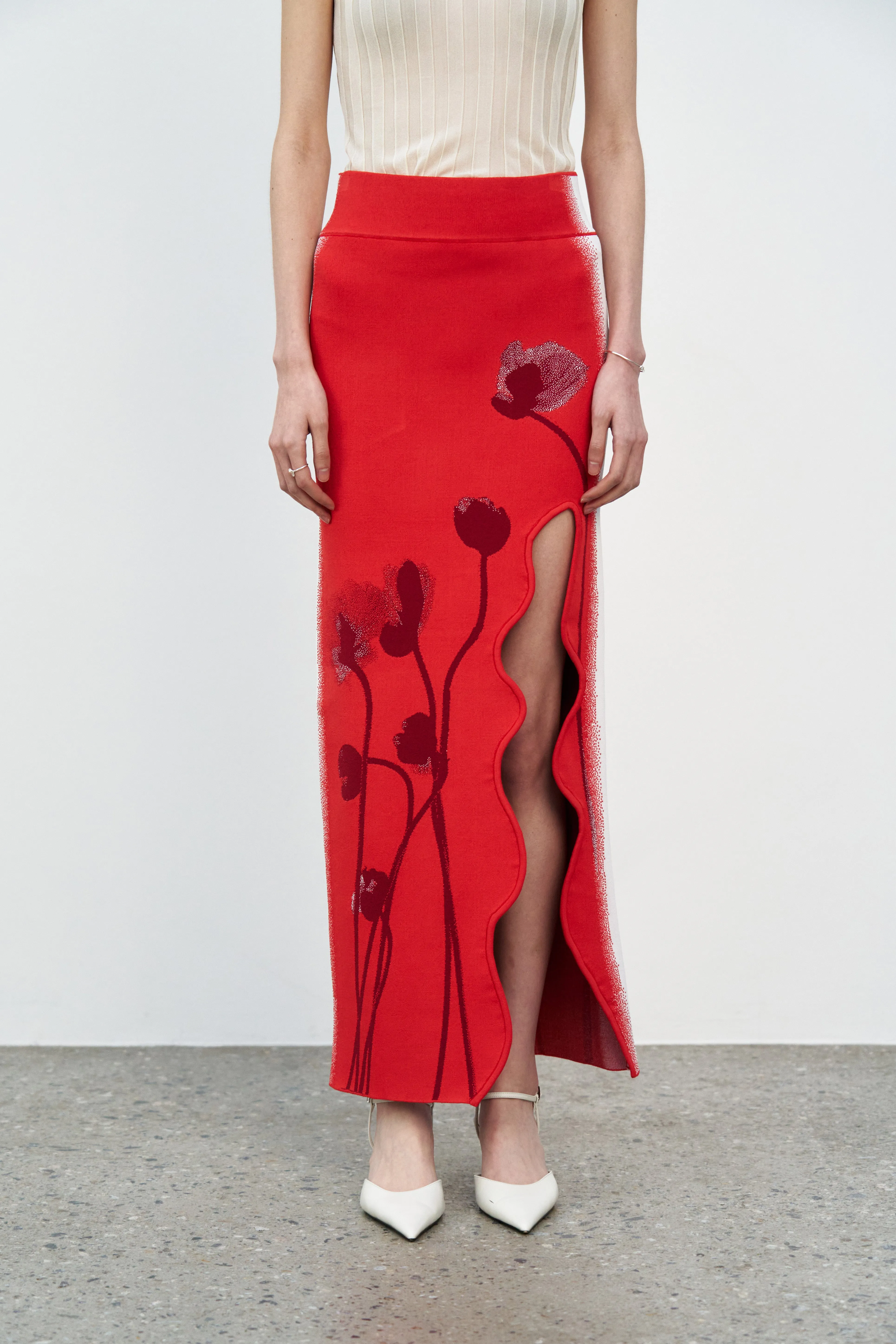 Zero Waste Manufacturing Layer-Friendly Fit LILY FLOWER PRINT WAVY MIDI SKIRT