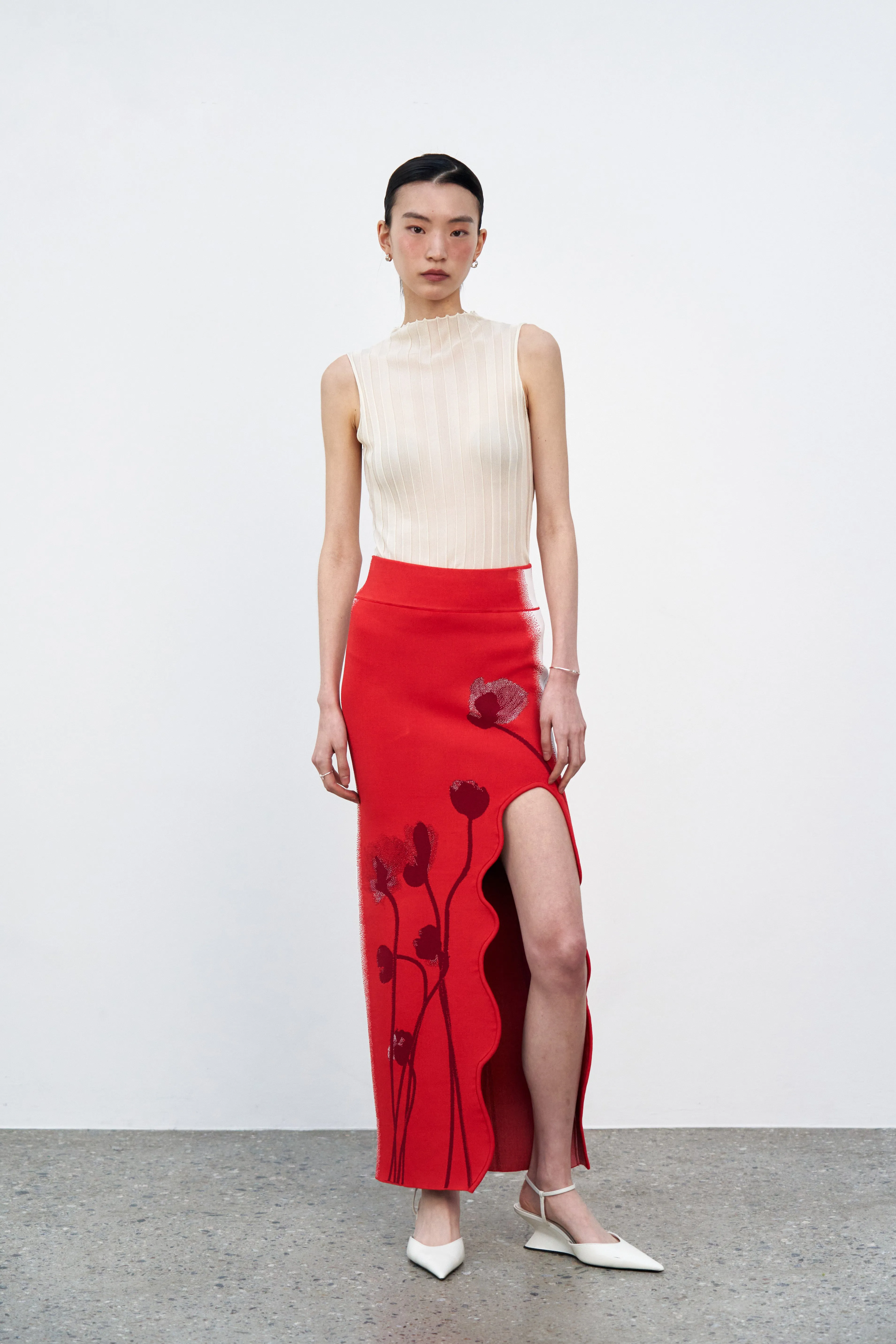 Casual Comfort Look Durable Wear LILY FLOWER PRINT WAVY MIDI SKIRT