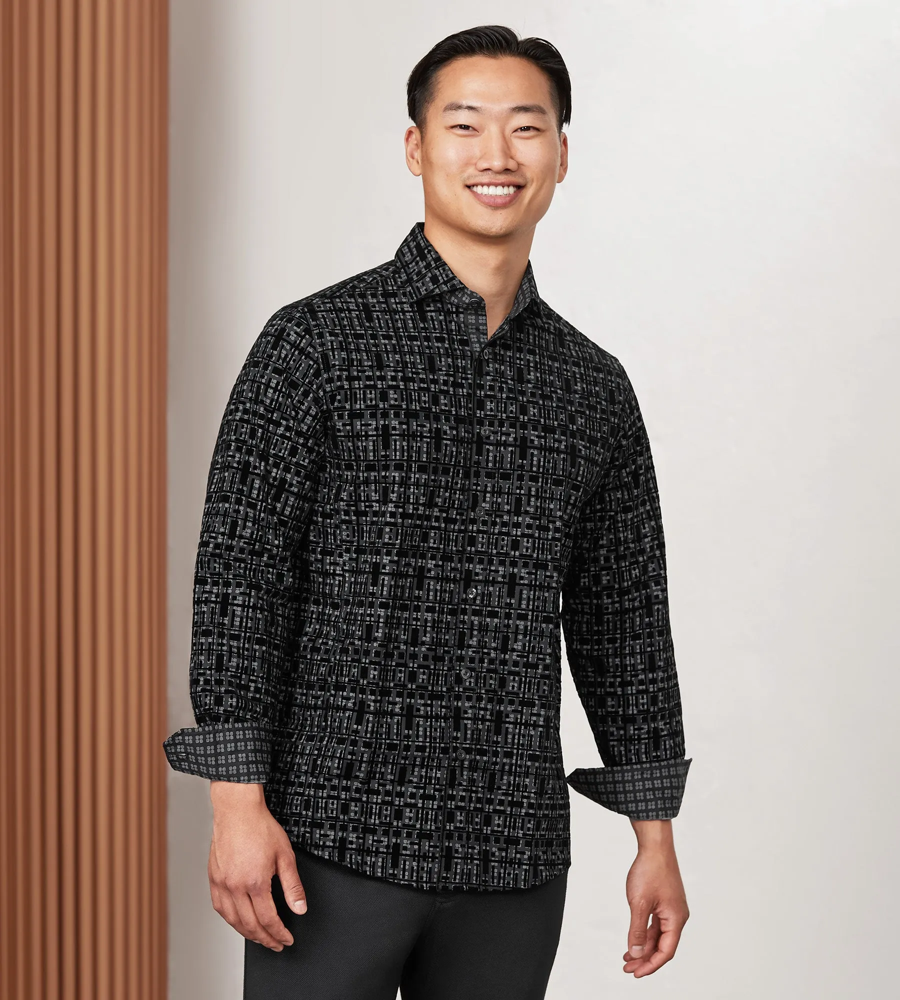 Long Sleeve Flocking Casual Shirt Subtle patterns Tailored Style