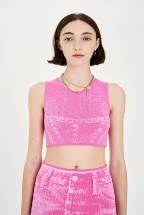 LILLIAN DENIM PRINT CROPPED TOP Raw Edge Finish