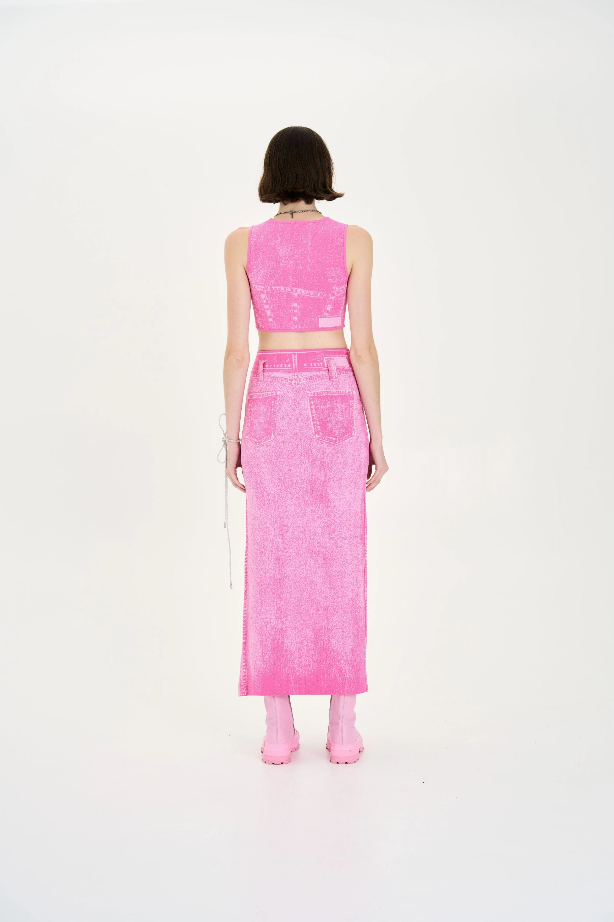 LILLIAN DENIM PRINT CROPPED TOP Compact Jacquard Weave