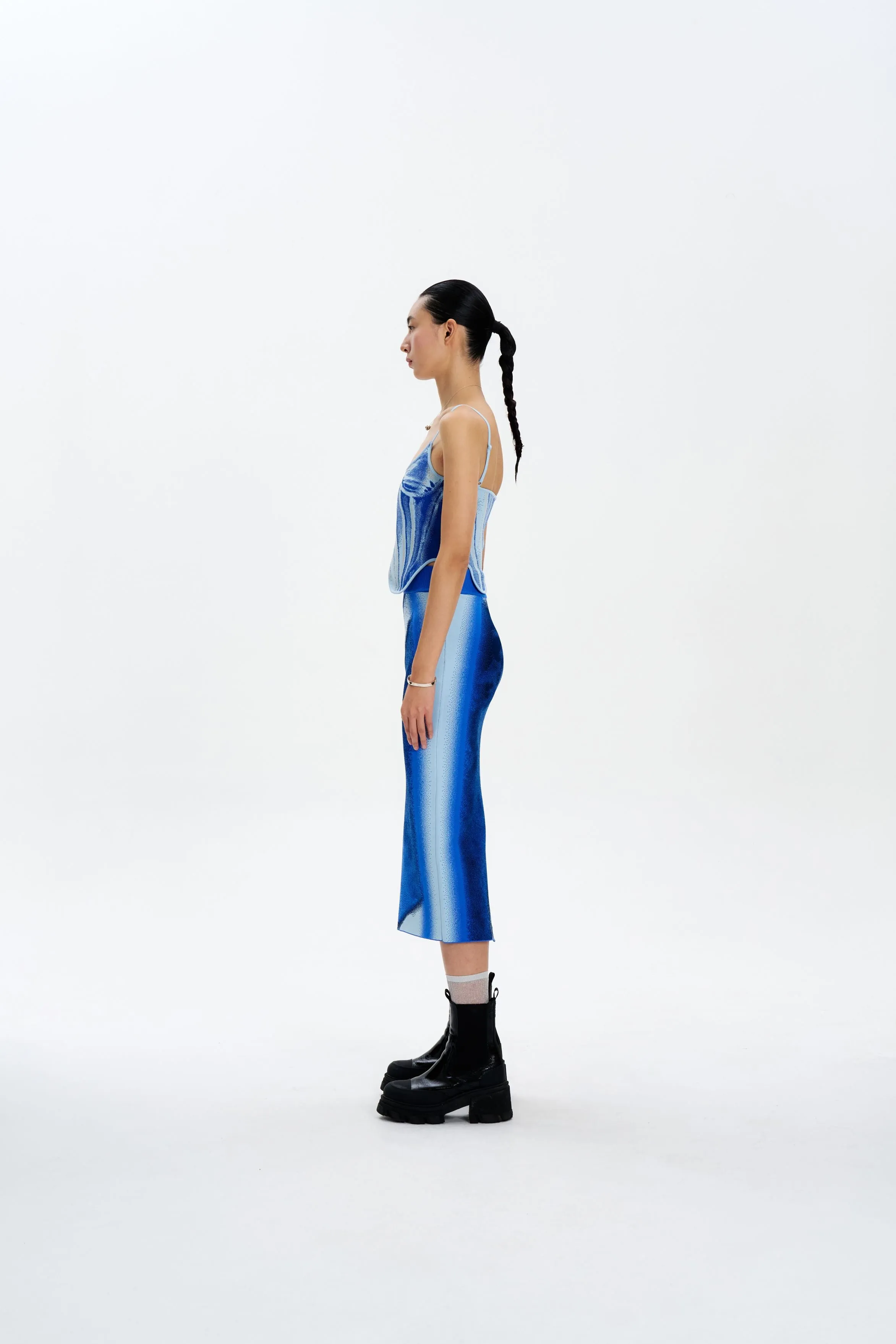 MILA DENIM PRINT TANK TOP AdjustableCuffs Layered Hemline