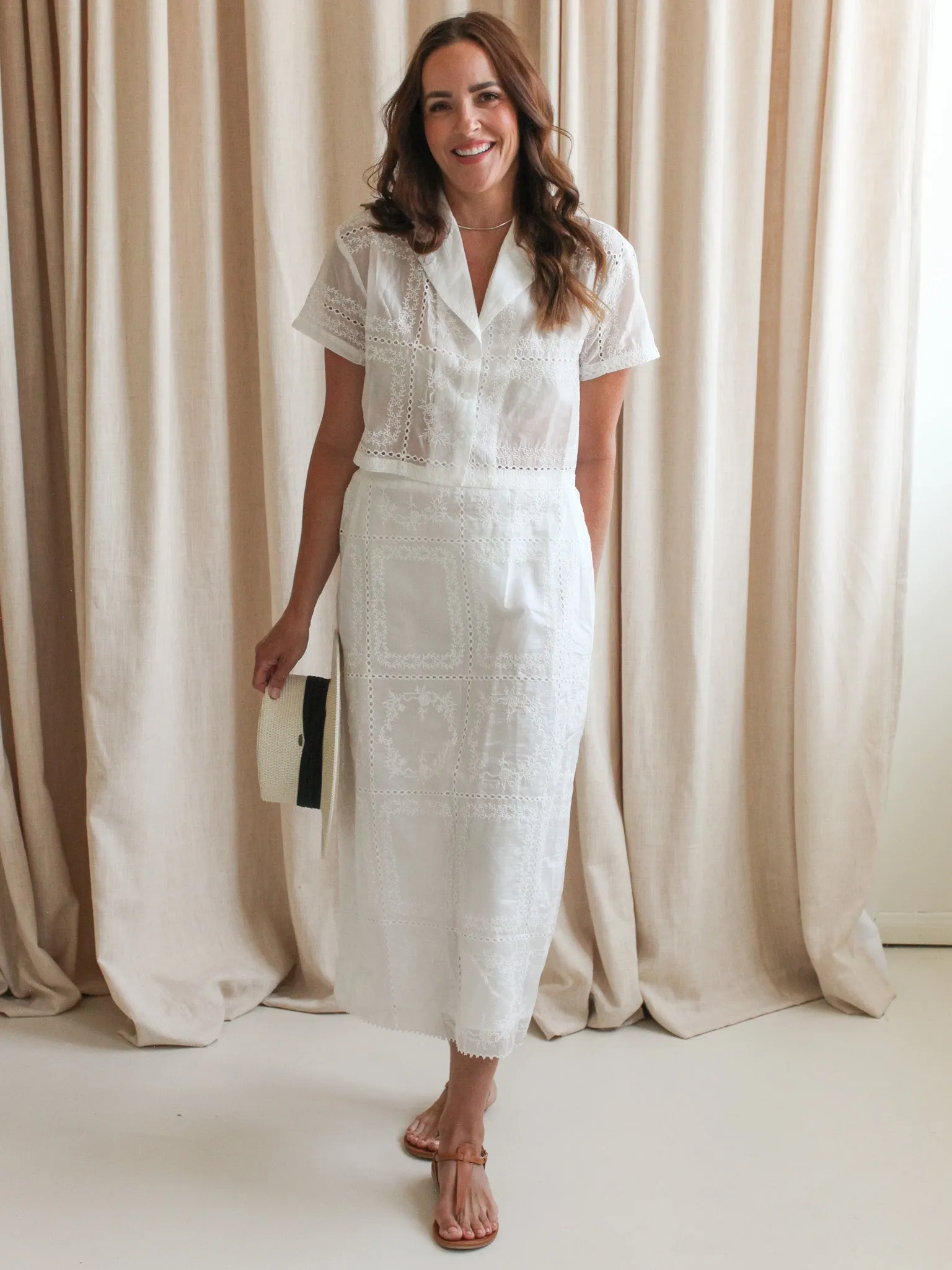 Carina Eyelet Midi Skirt button detail