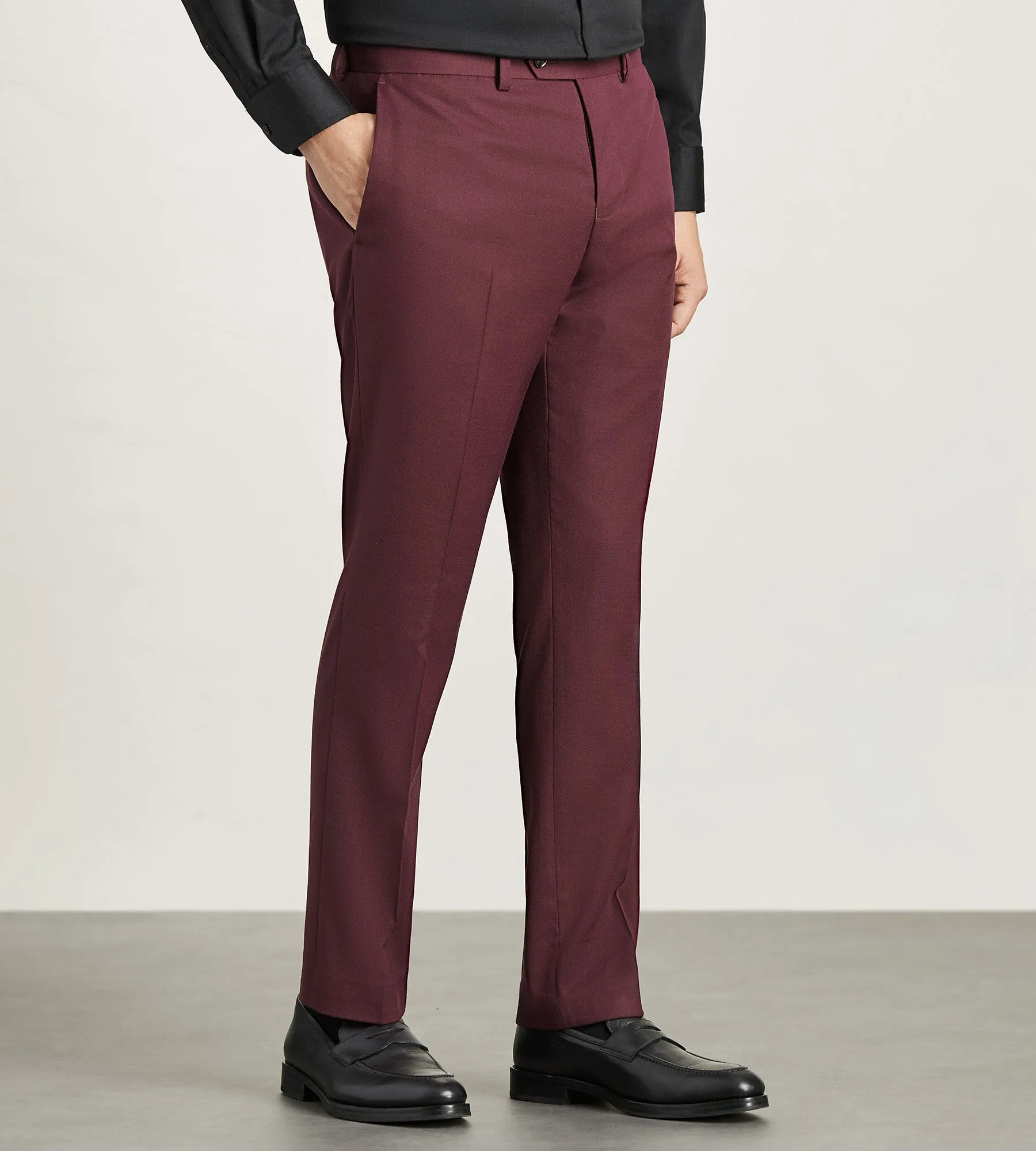 Modern Fit Burgundy Solid Suit Pants Tapered Leg Design Tough Build