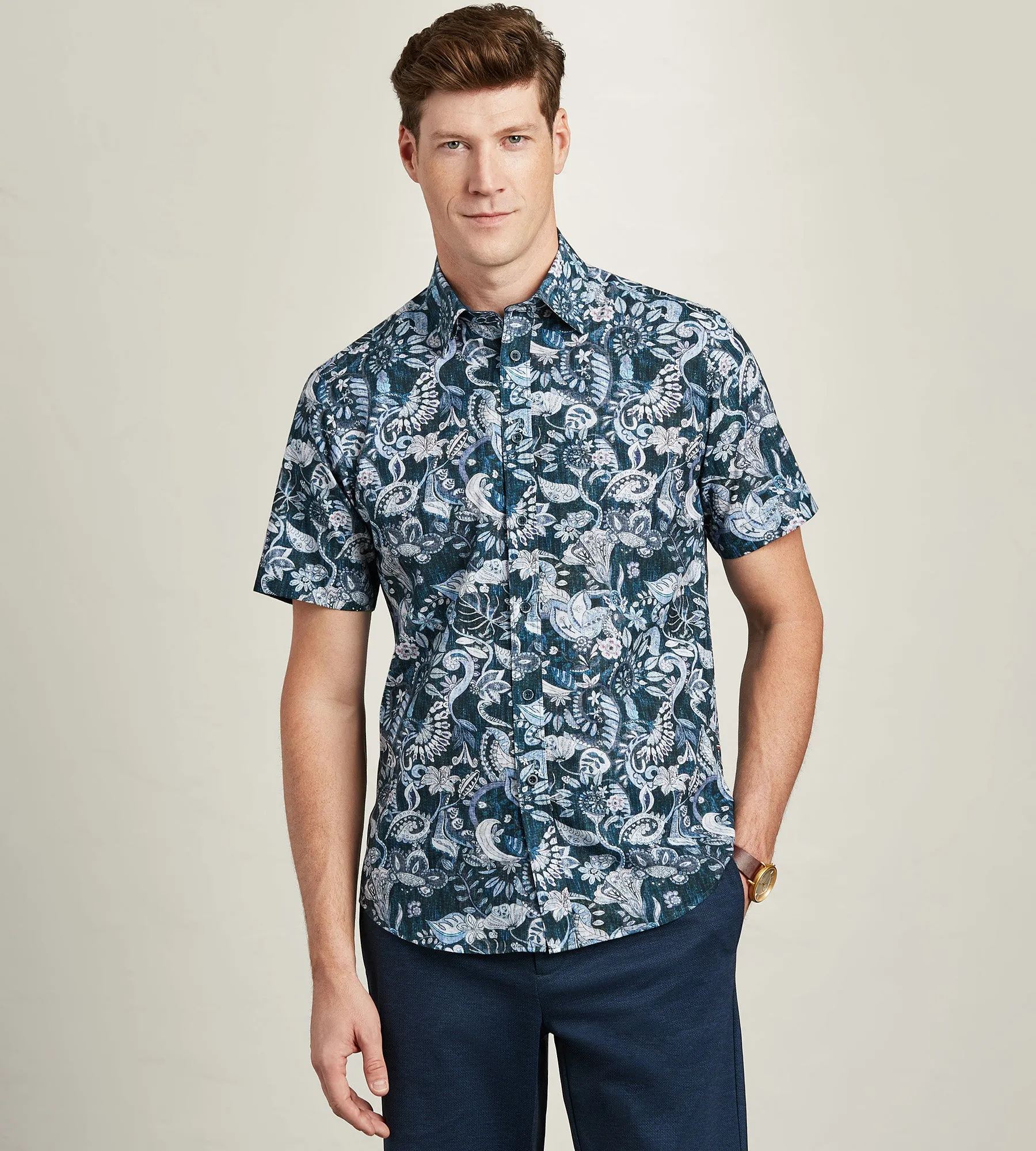 Modern Fit Short Sleeve Linen Like Floral Pattern Casual Shirt Stretchable Cloth Versatile Layering Piece