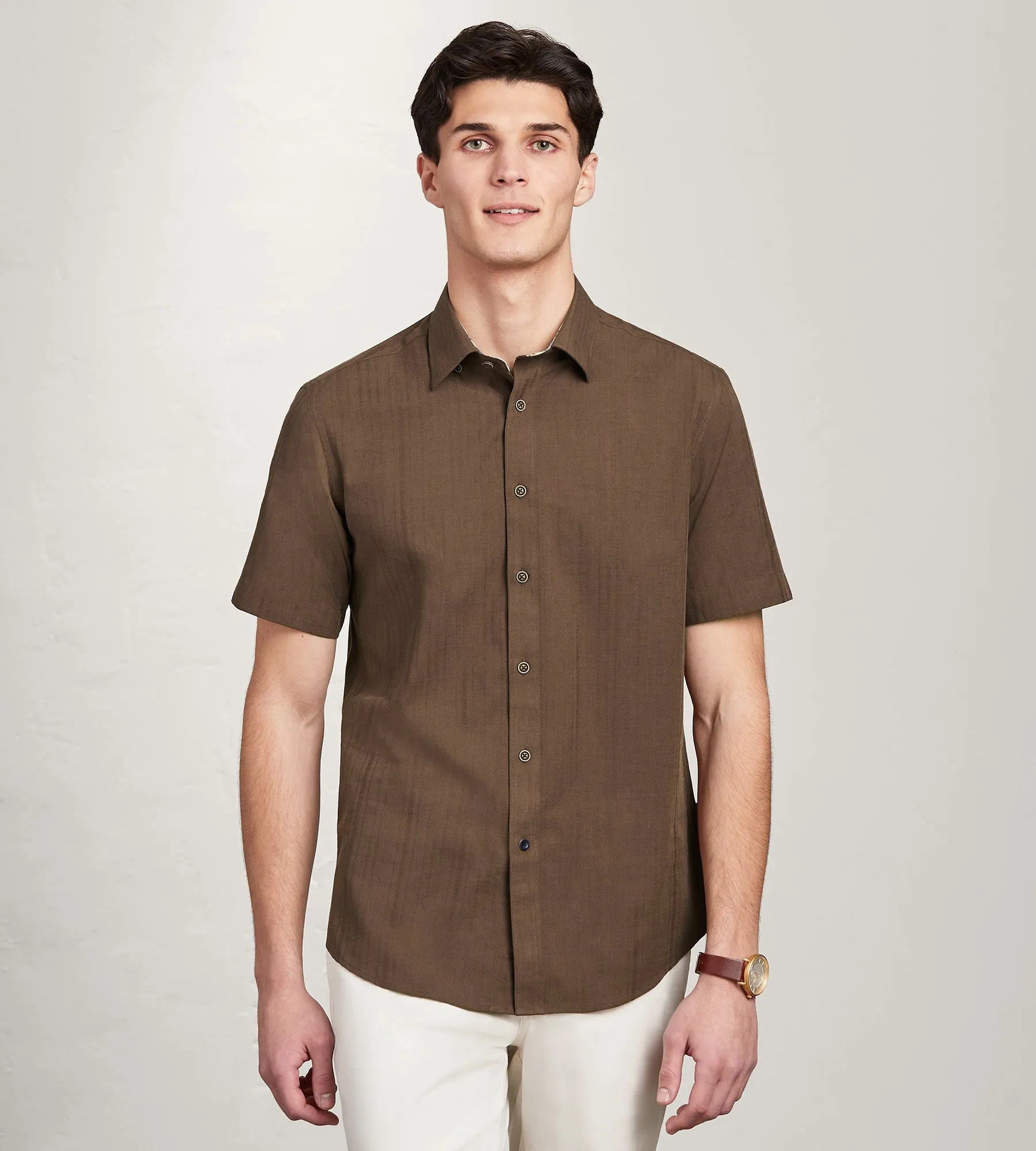 Weekend Wear Soft Touch Modern Fit Short Sleeve Linen Like Solid Casual Shirt