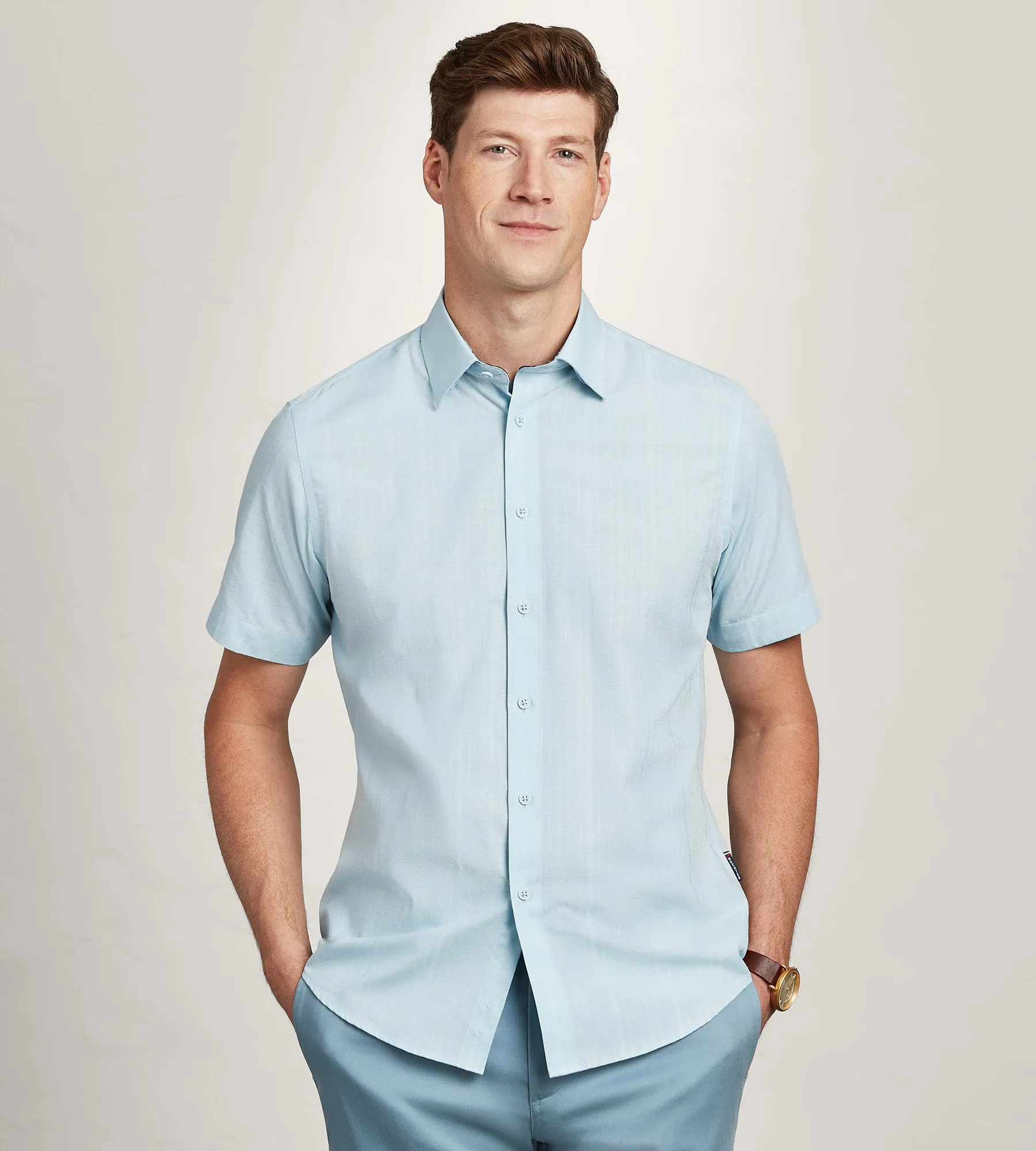 Seamless Shoulder Modern Fit Short Sleeve Linen Like Solid Casual Shirt