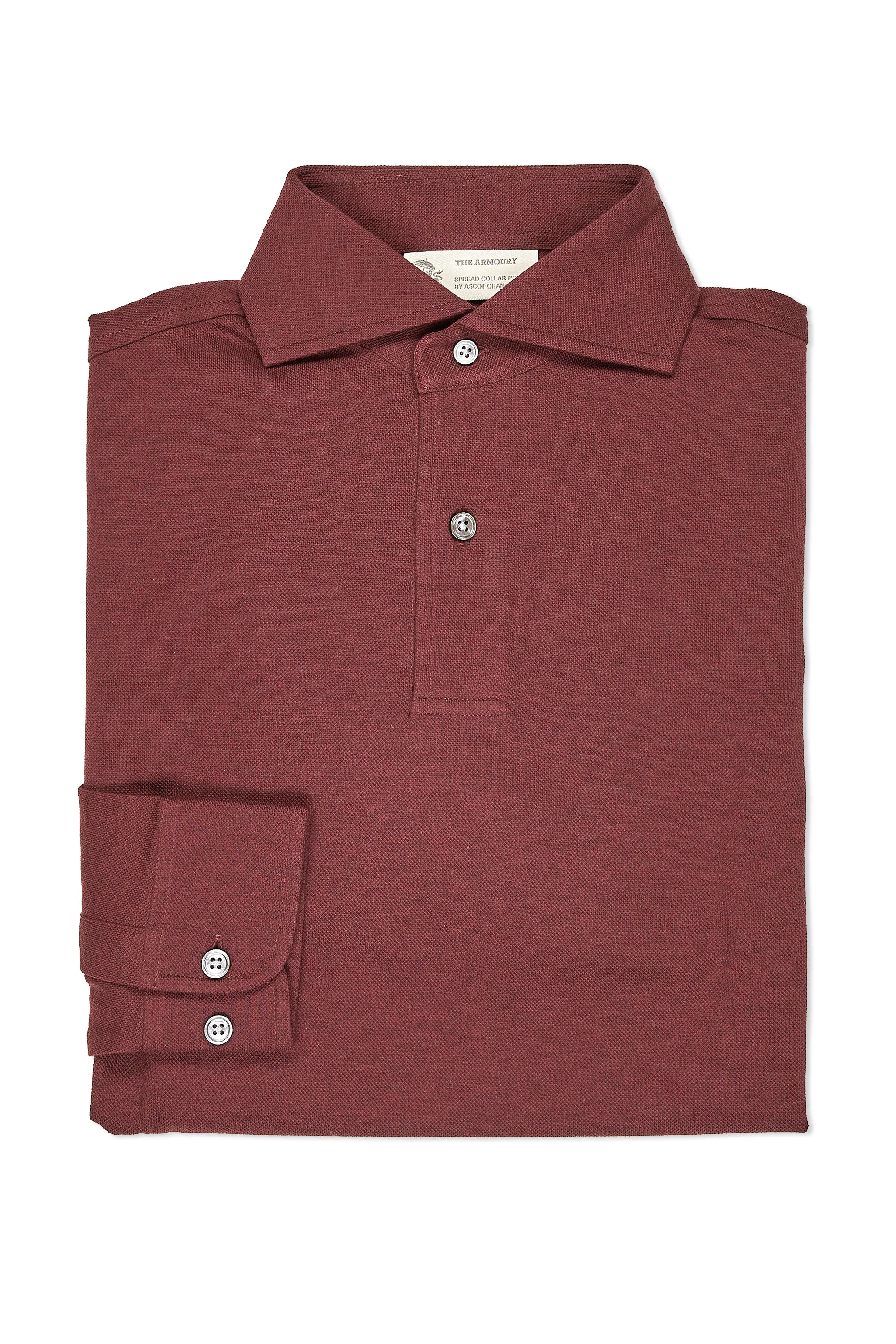 The Armoury Burgundy Cotton Pique Long Sleeve Spread Collar Polo Pocket Detail