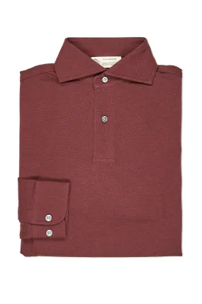 The Armoury Burgundy Cotton Pique Long Sleeve Spread Collar Polo Pocket Detail