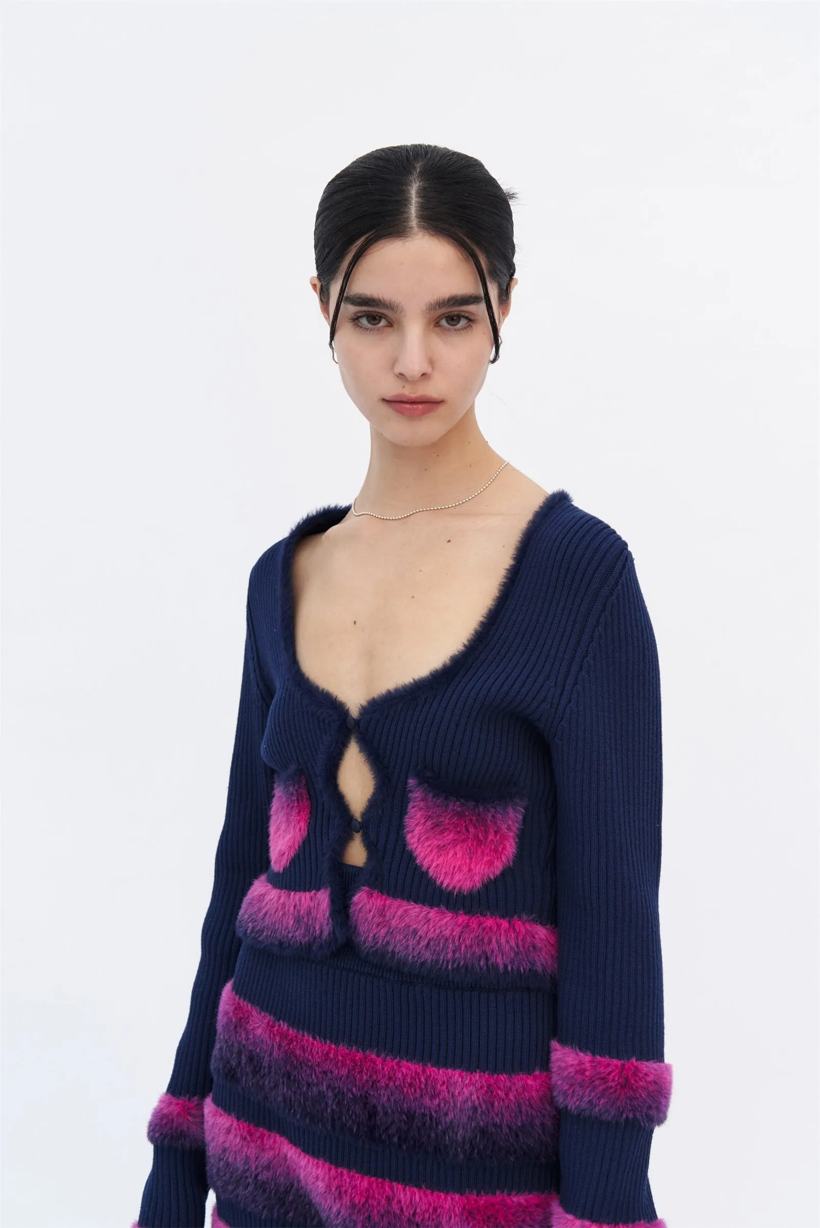 MOROSE FAUX FUR TRIMMED CROPPED CARDIGAN Snap Closures FleeceLined