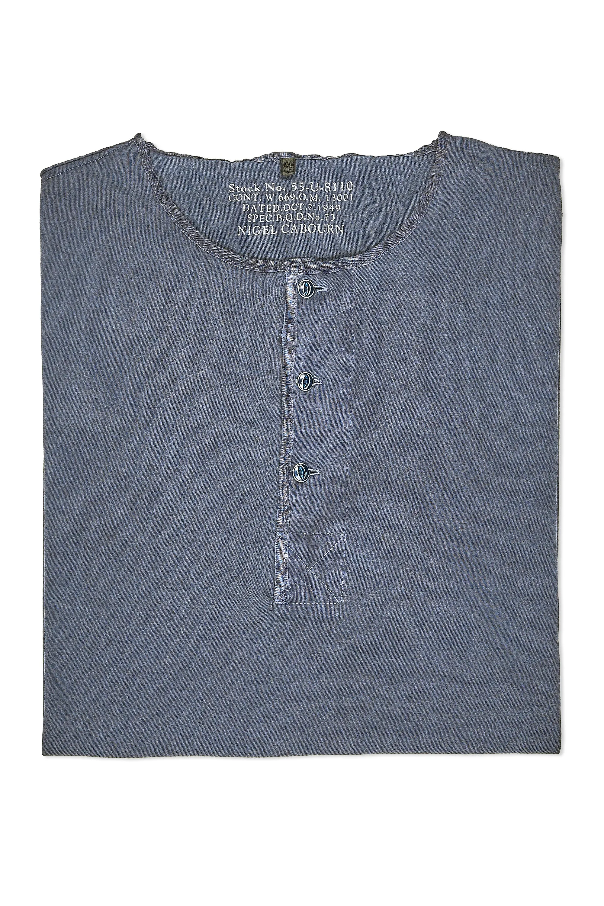 Nigel Cabourn Blue 50s Henley Neck Cotton T-shirt Flex Fit Collar Bold Prints