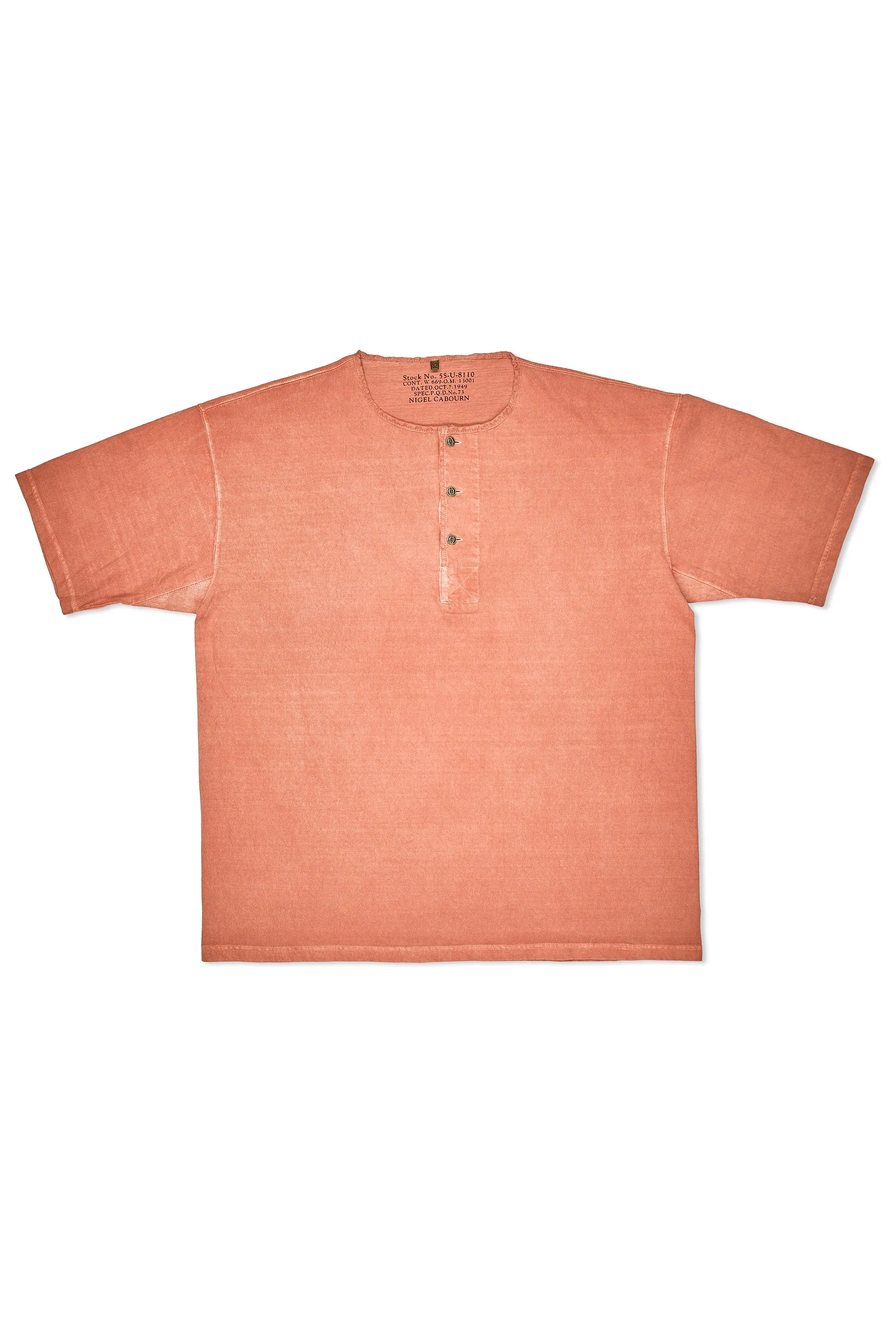 Nigel Cabourn Orange 50s Henley Neck Cotton T-shirt Versatile Layering Piece Midweight Textile