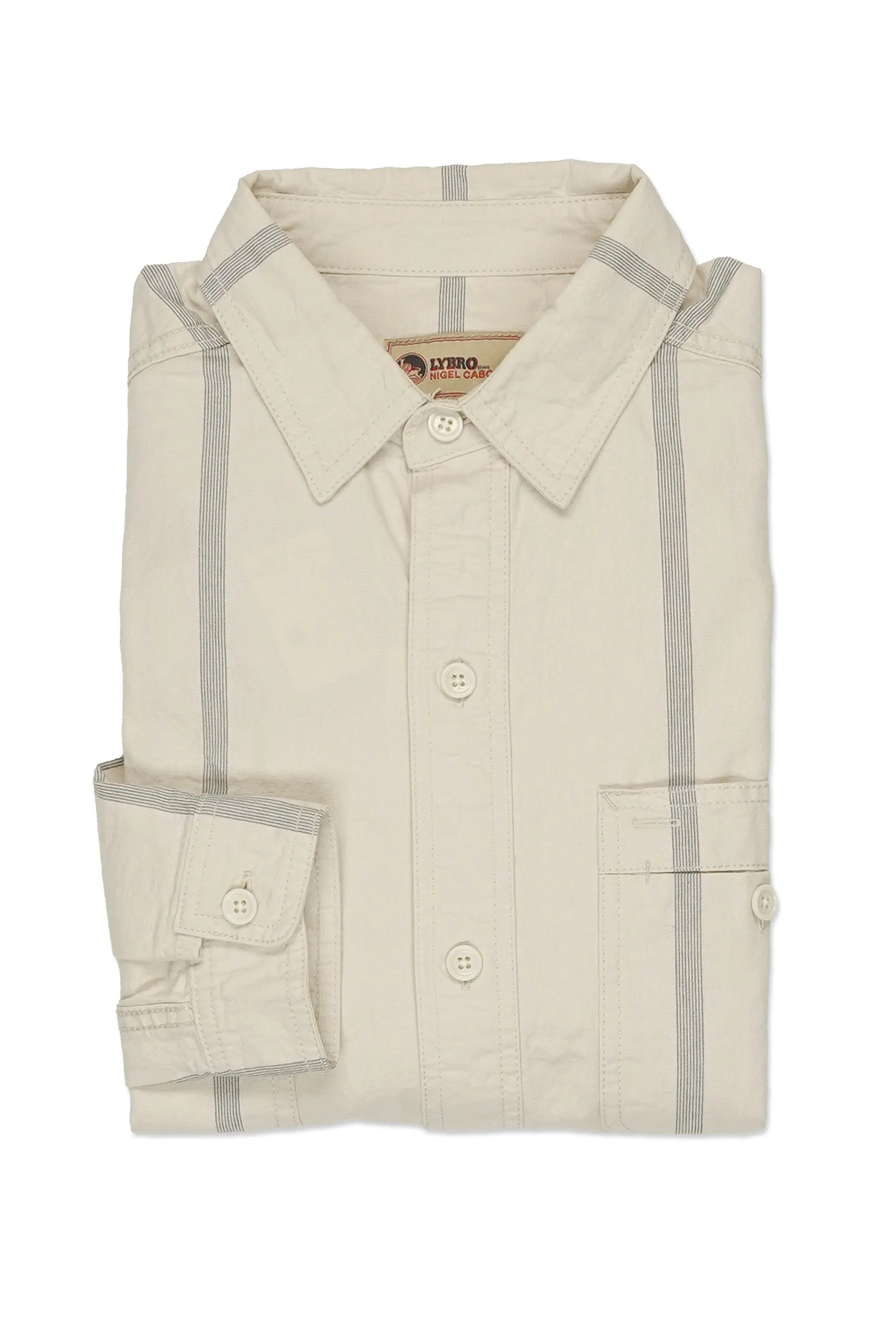 Nigel Cabourn S-50 Ivory with Blue Stripe Calico Cotton Work Shirt Flexible Mobility