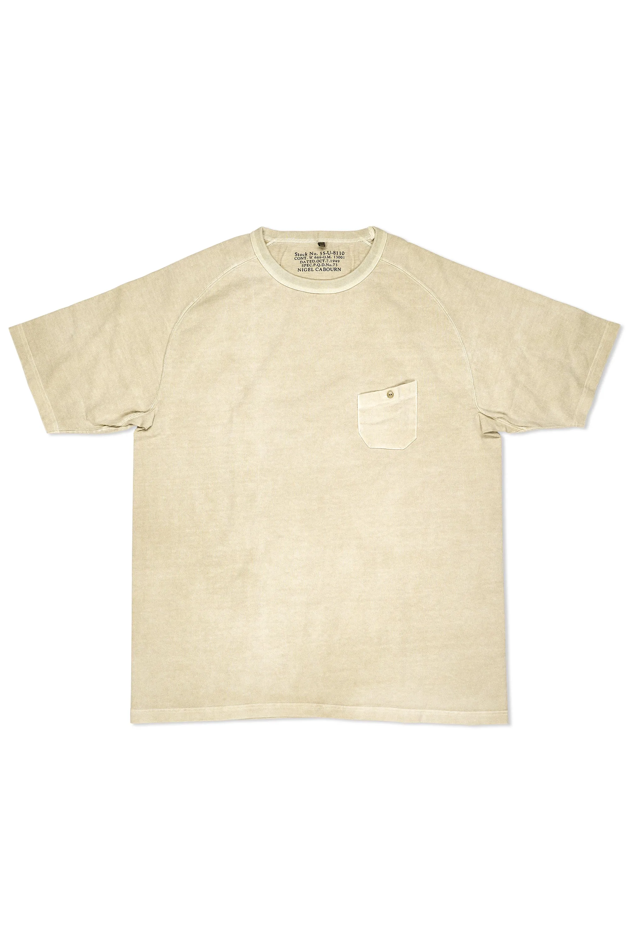 Nigel Cabourn Sand 9.5oz Basic Pigment T-shirt Active Layering Laser Cut Edge Detail