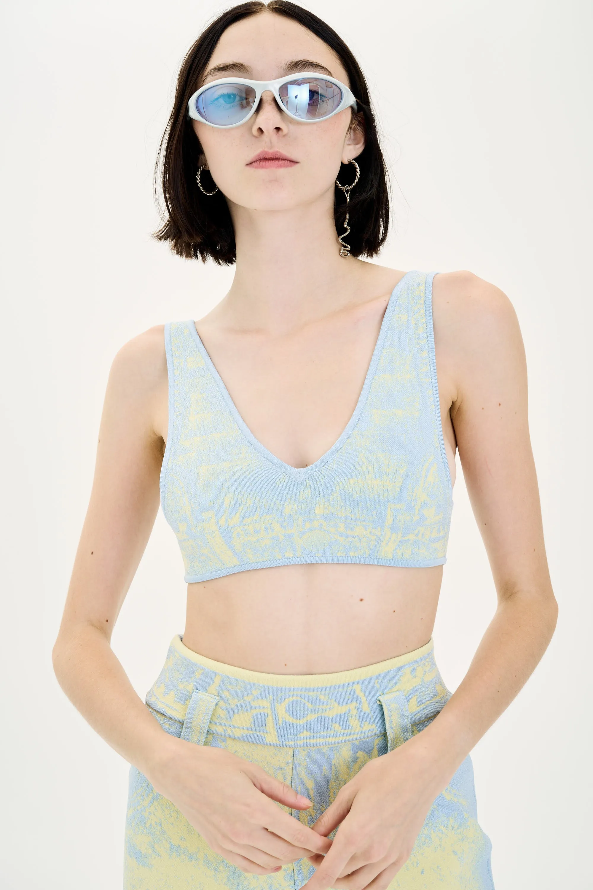 LONGAN FAKE DENIM BRA TOP AdjustableNeckline ZipClosure