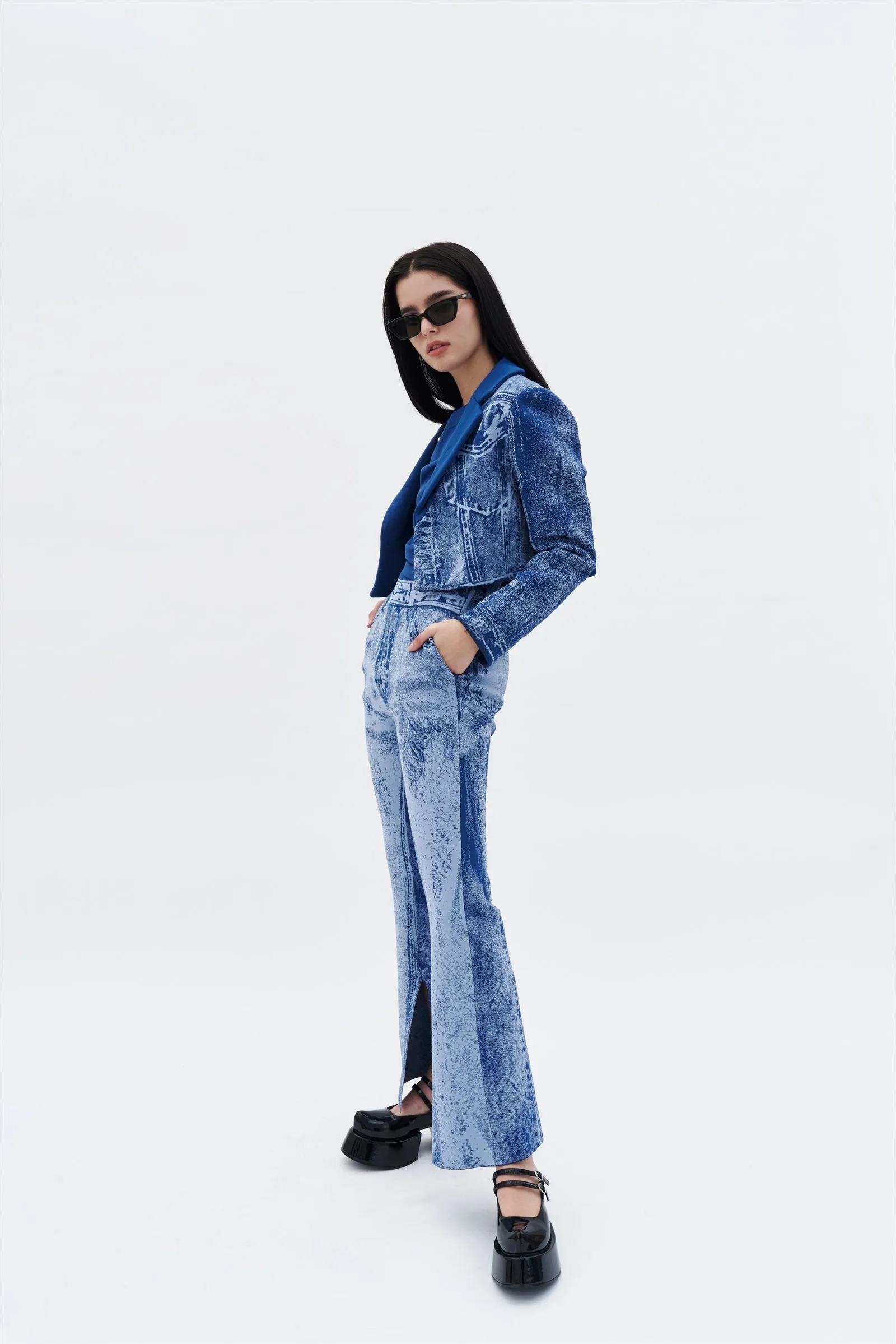 NUDI FAKE DENIM CROPPED JACKET Drop Tail Hem
