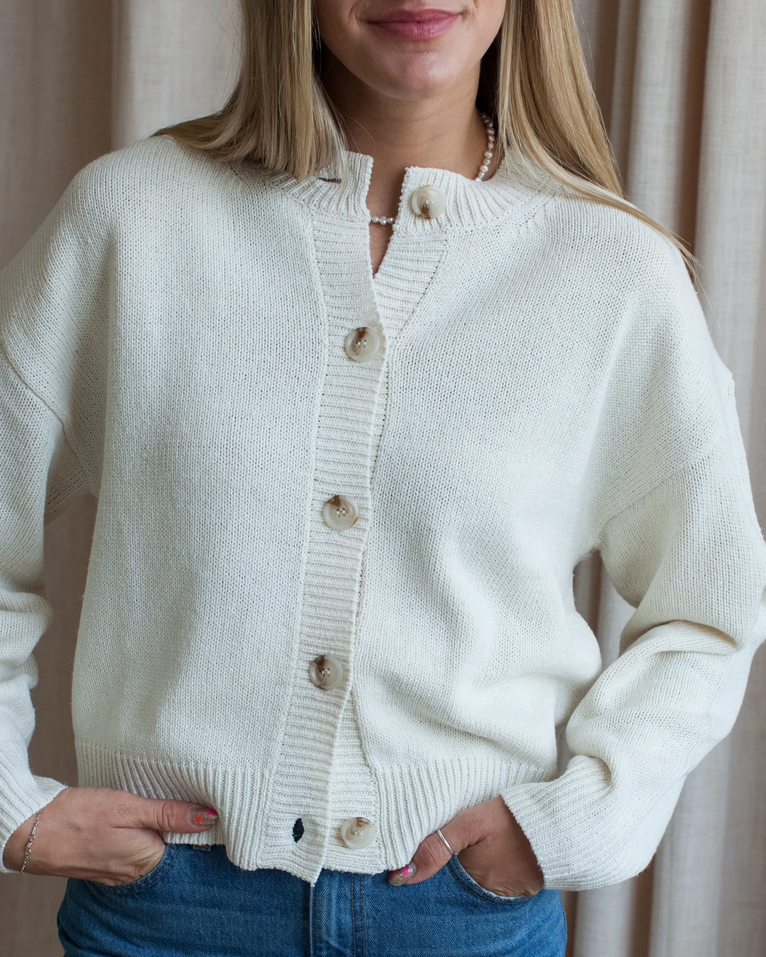 Relaxed Comfort Design Light Reflective Trim Ophelia Cardigan- Cream