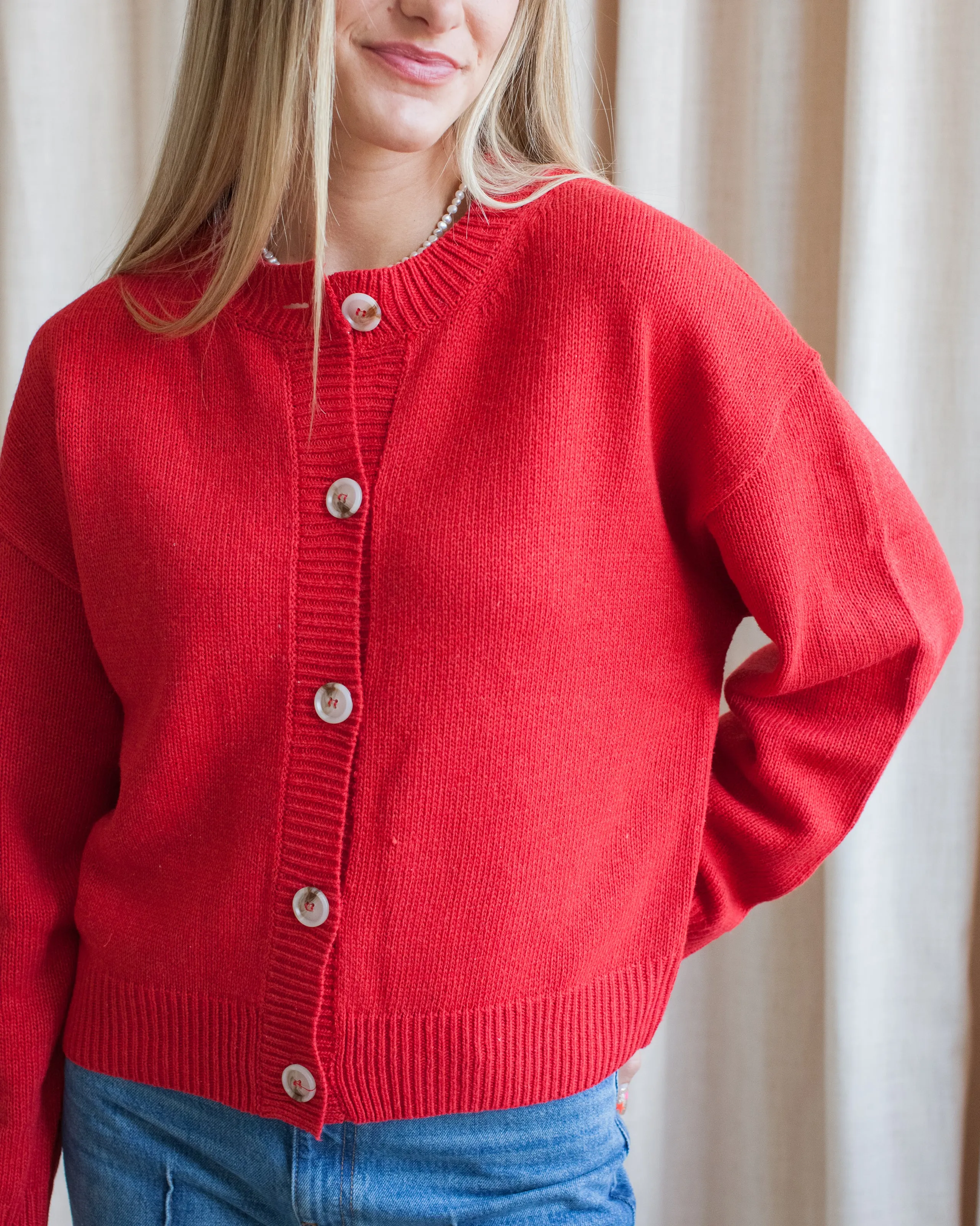 Ophelia Cardigan - Red Winter Fashionable Bias Cut Hem Details