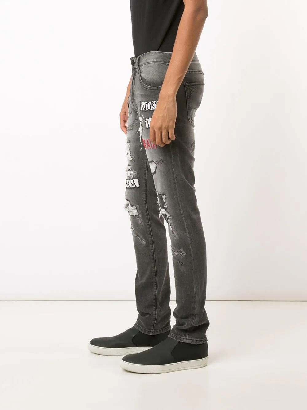 Hidden Zip Pockets ElasticWaist PATCHWORK DISTRESSED JEANS