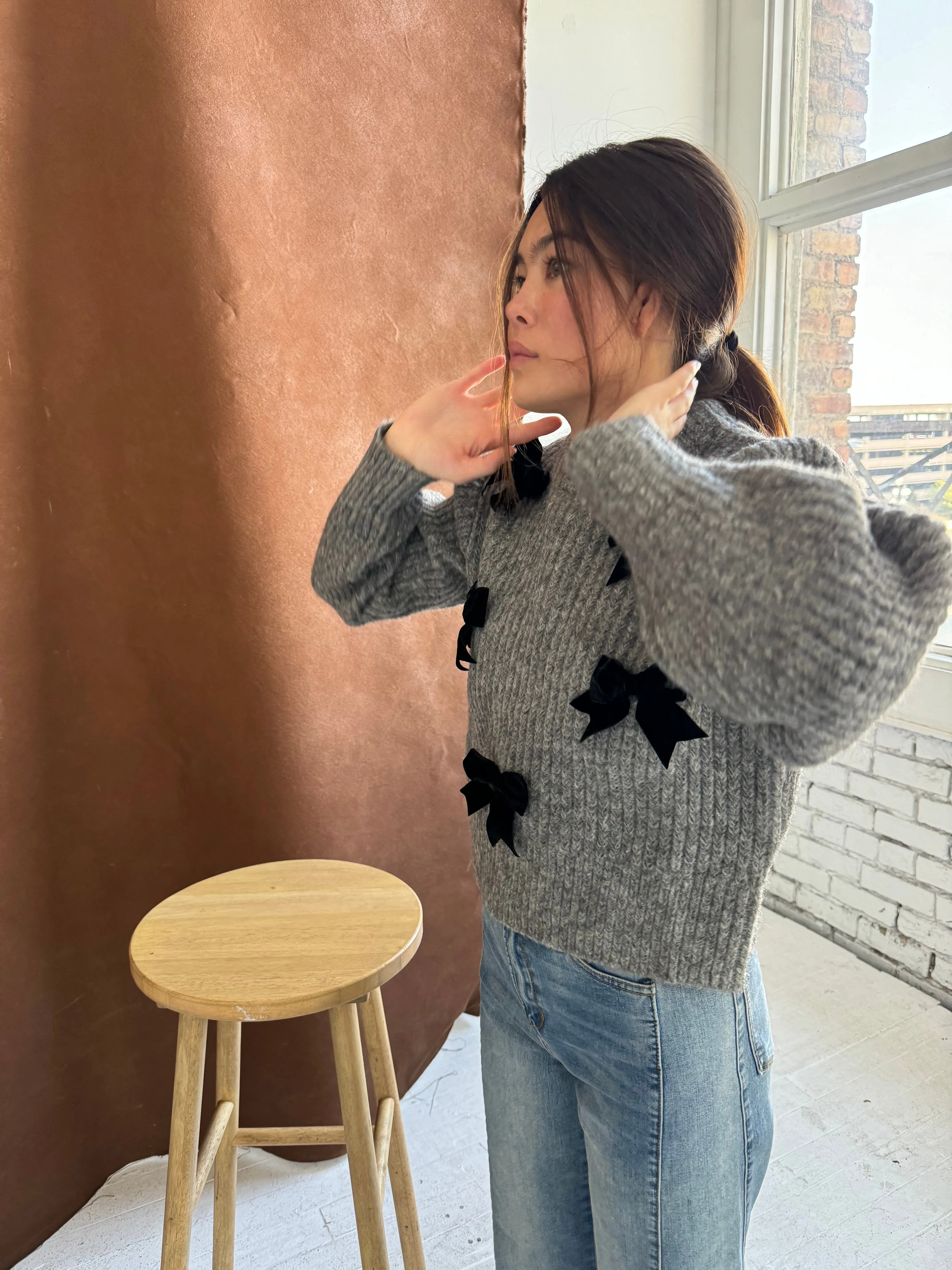 Stretch Knit Velvet Bow Sweater