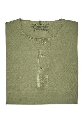 Nigel Cabourn Green 50s Henley Neck Cotton T-shirt High-Quality Craftsmanship Ruffle Edge