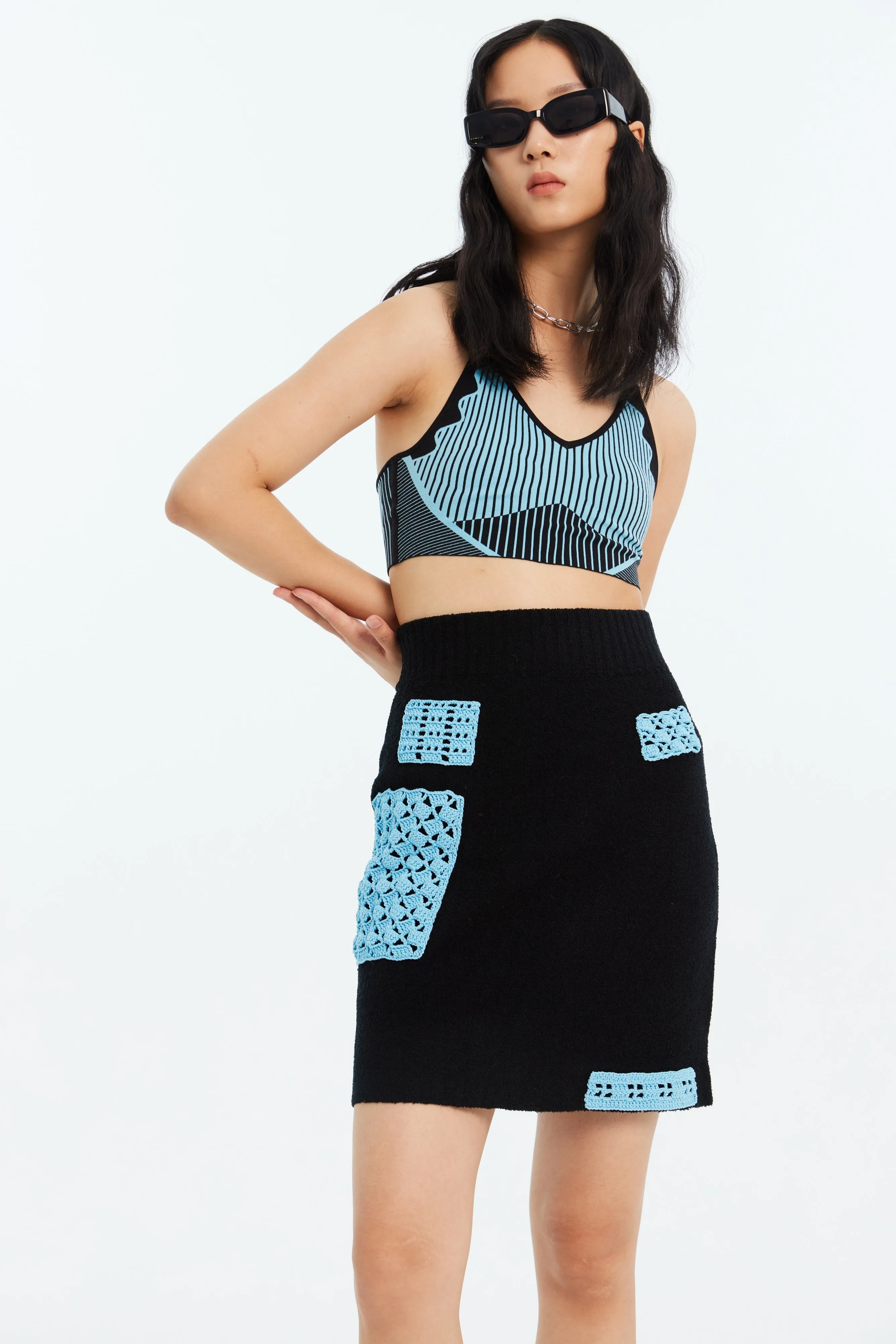 Adaptable Design Move Comfort DAN LOOP YARN MINI SKIRT WITH CROCHET PATCHES