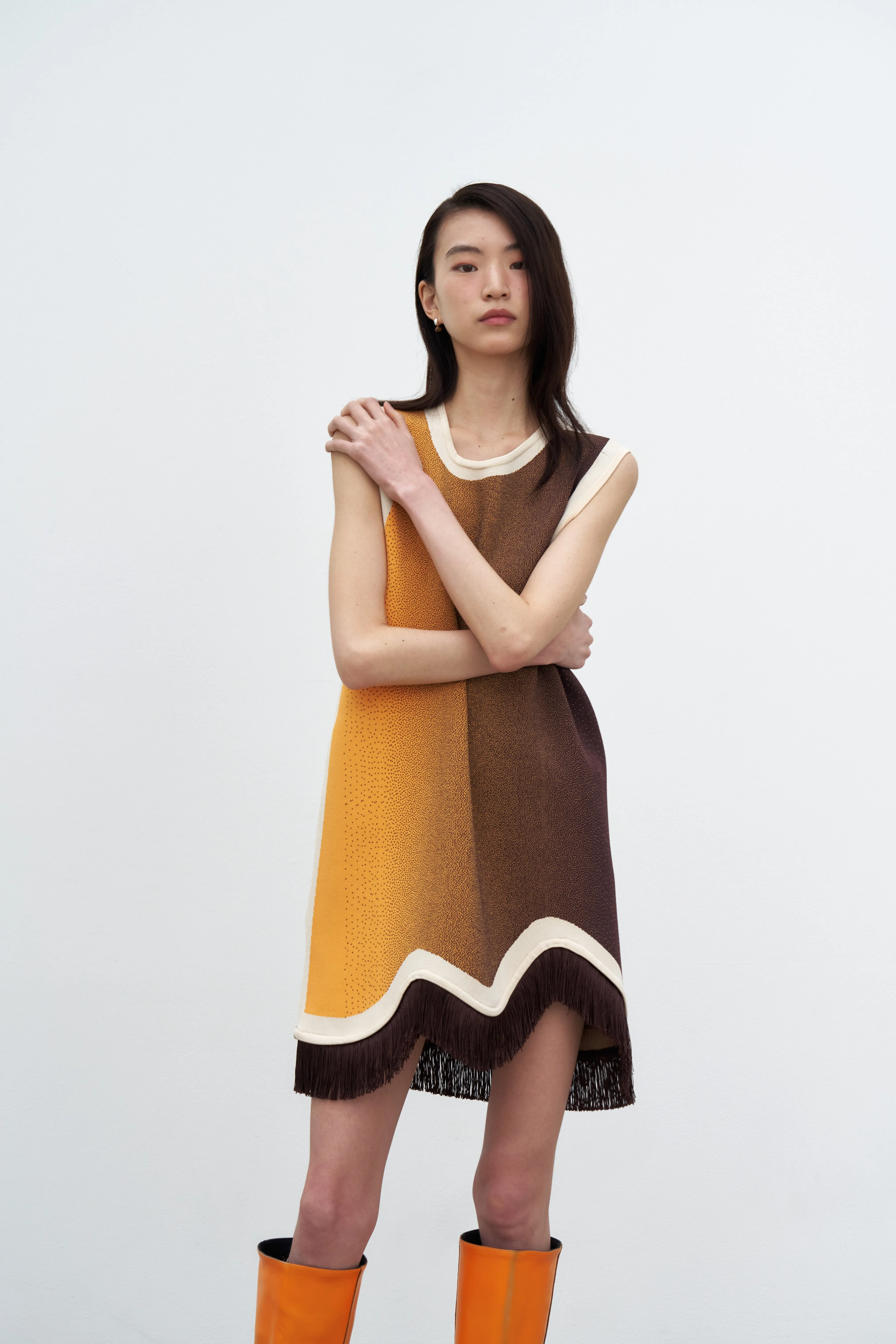 Magnetic-Closure DAISY GRADIENT PRINT A-LINE DRESS WITH FRINGE