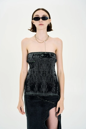 PHULA DNIM PRINT BACKLESS TOP ConvertibleStyle Ribbed Trims