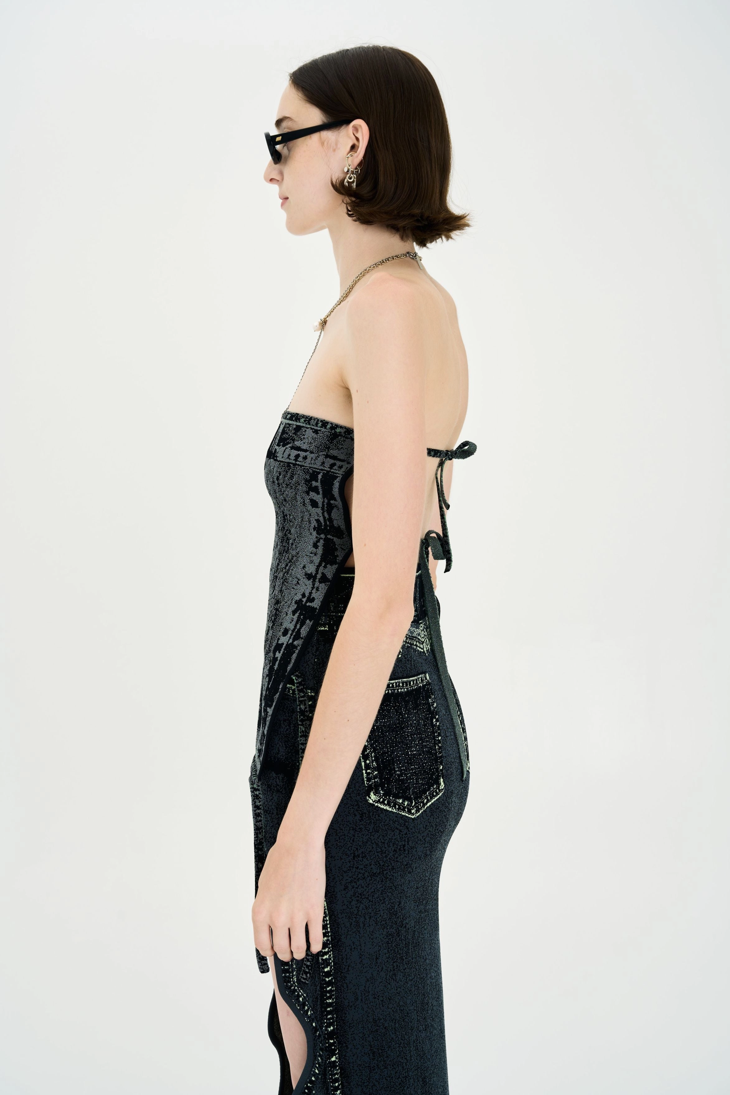 PHULA DNIM PRINT BACKLESS TOP Modern Design WrinkleFree Weave