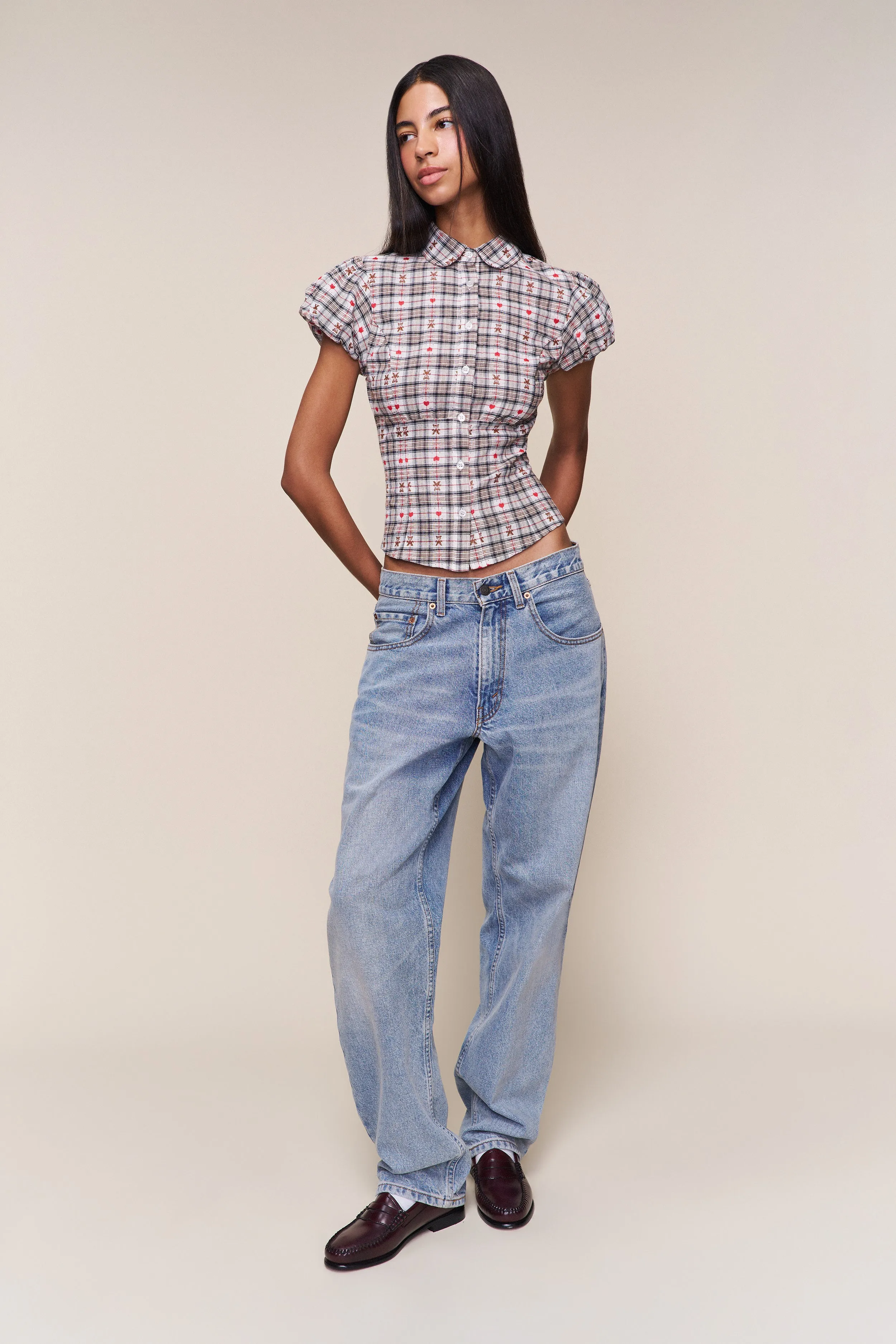 Liana Plaid Top Double Layered Hem Reinforcement Summer Polo