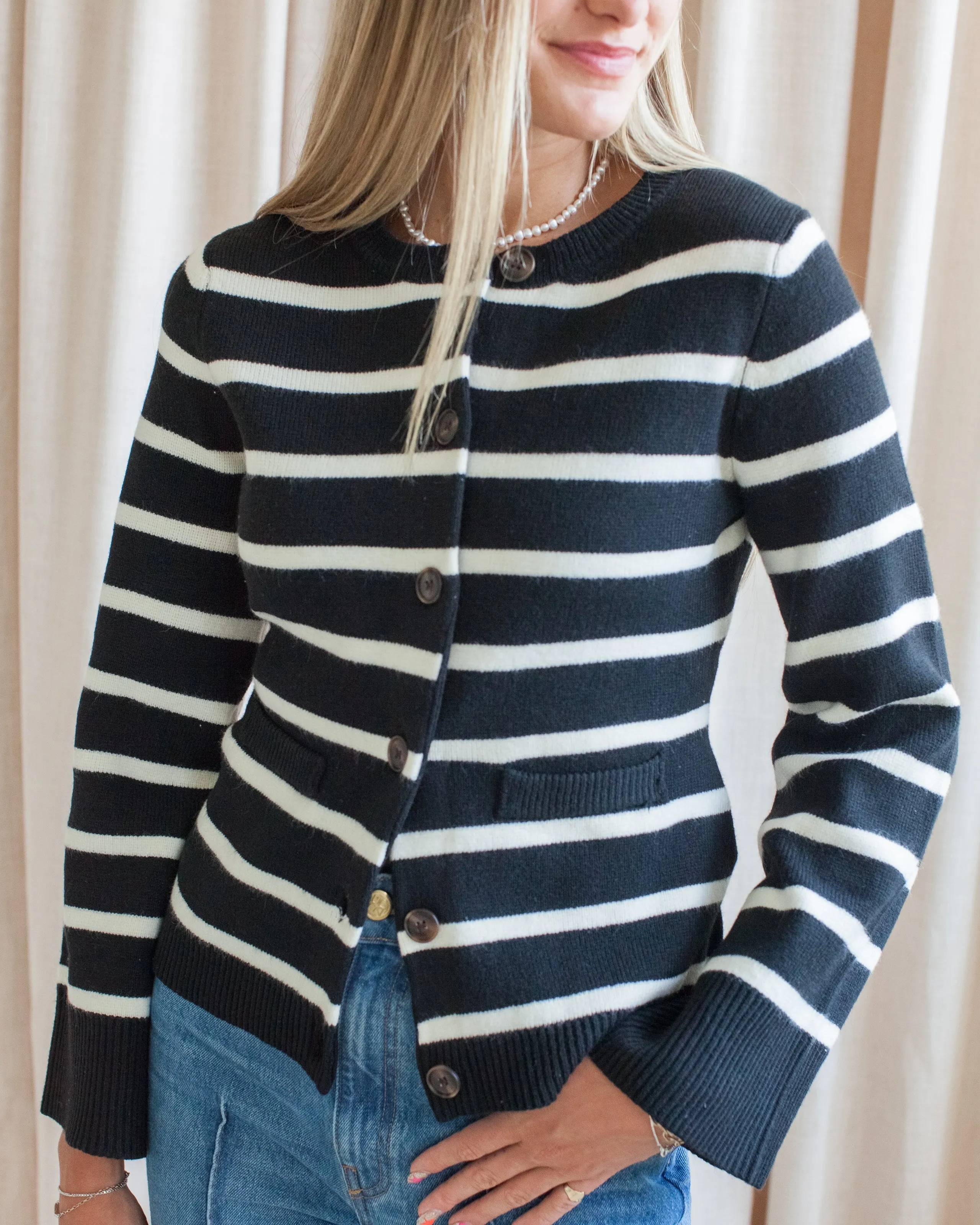 Rosalyn Stripe Cardigan- Black Sustainable Yarn Winter Cozy