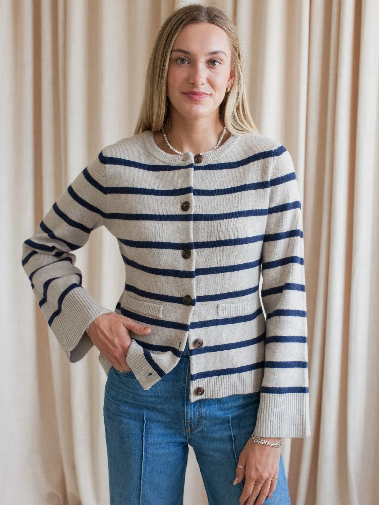 Rosalyn Stripe Cardigan- Taupe Winter Must-Have Wear All-Season Fit