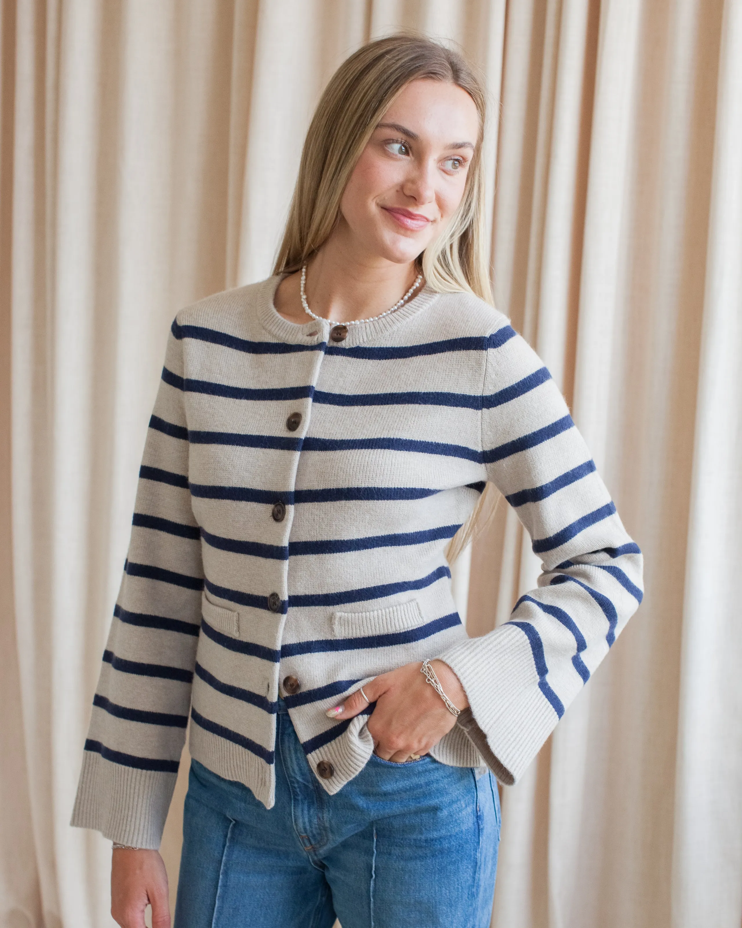 Rosalyn Stripe Cardigan- Taupe Lattice Stitch Pattern