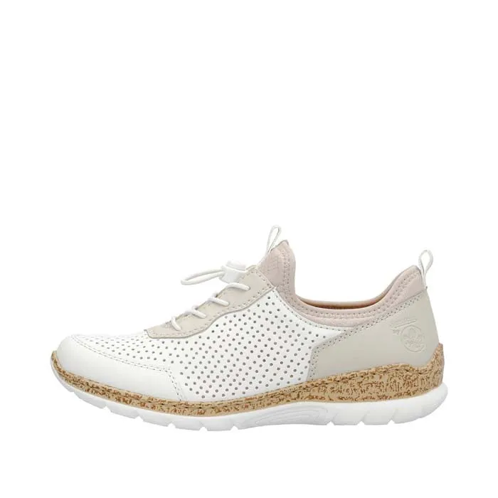 Freedom Walk Long Travel Womens Rieker Nikita 86 in Weiss/Perle/Rose Silver