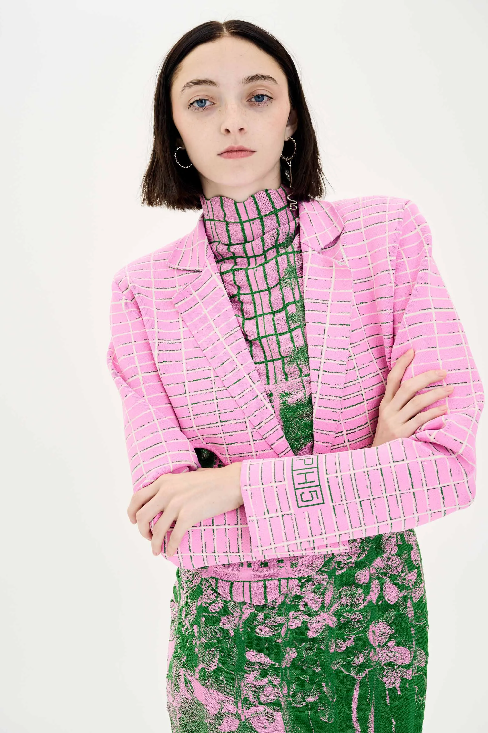 ORCHID PLAID PRINT CROPPED JACKET Noise Reducing Hardware Elastic cuffs