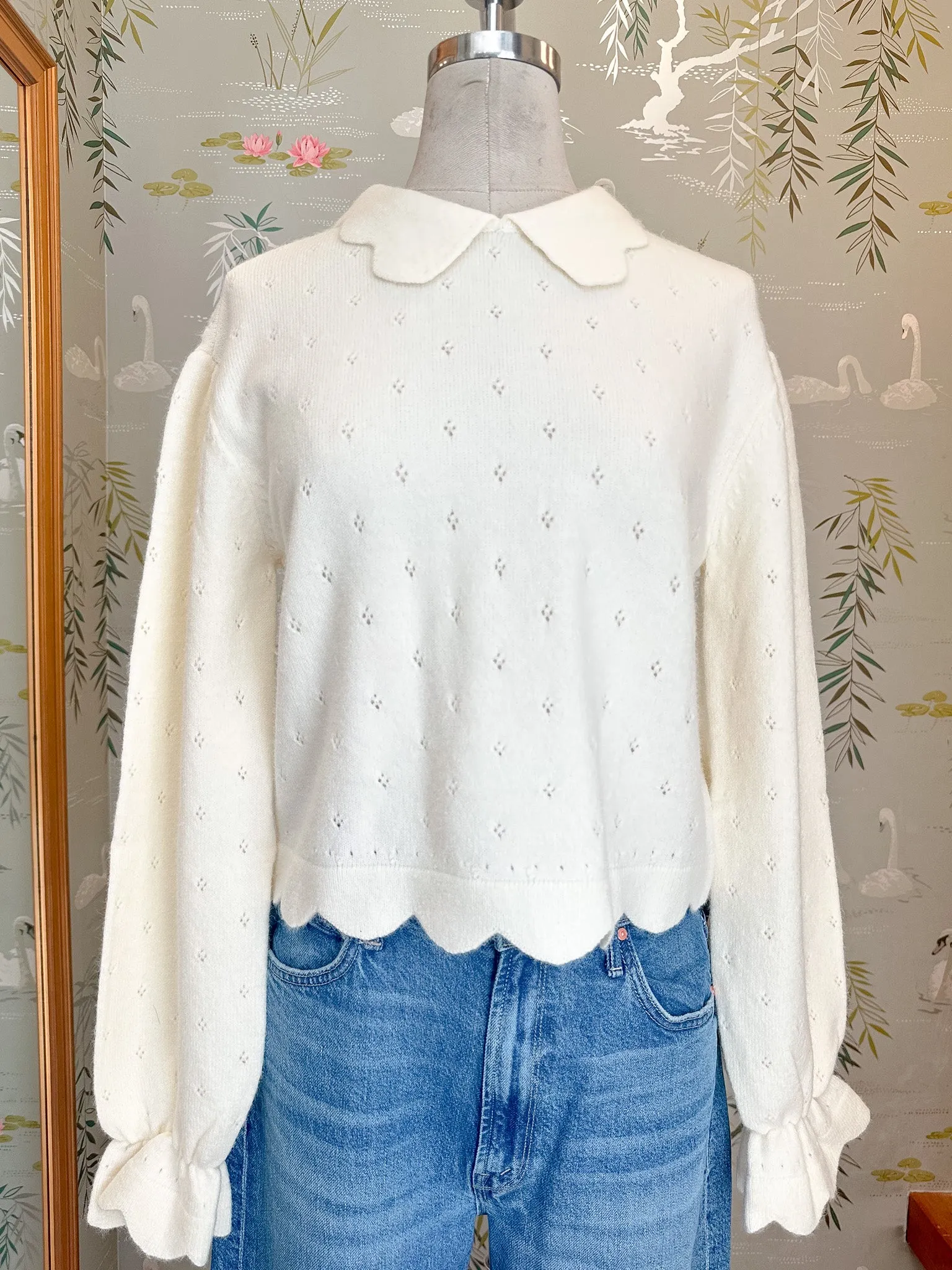 Sophia Scalloped Sweater - Cream Chilly Look Breathable Mesh Panels