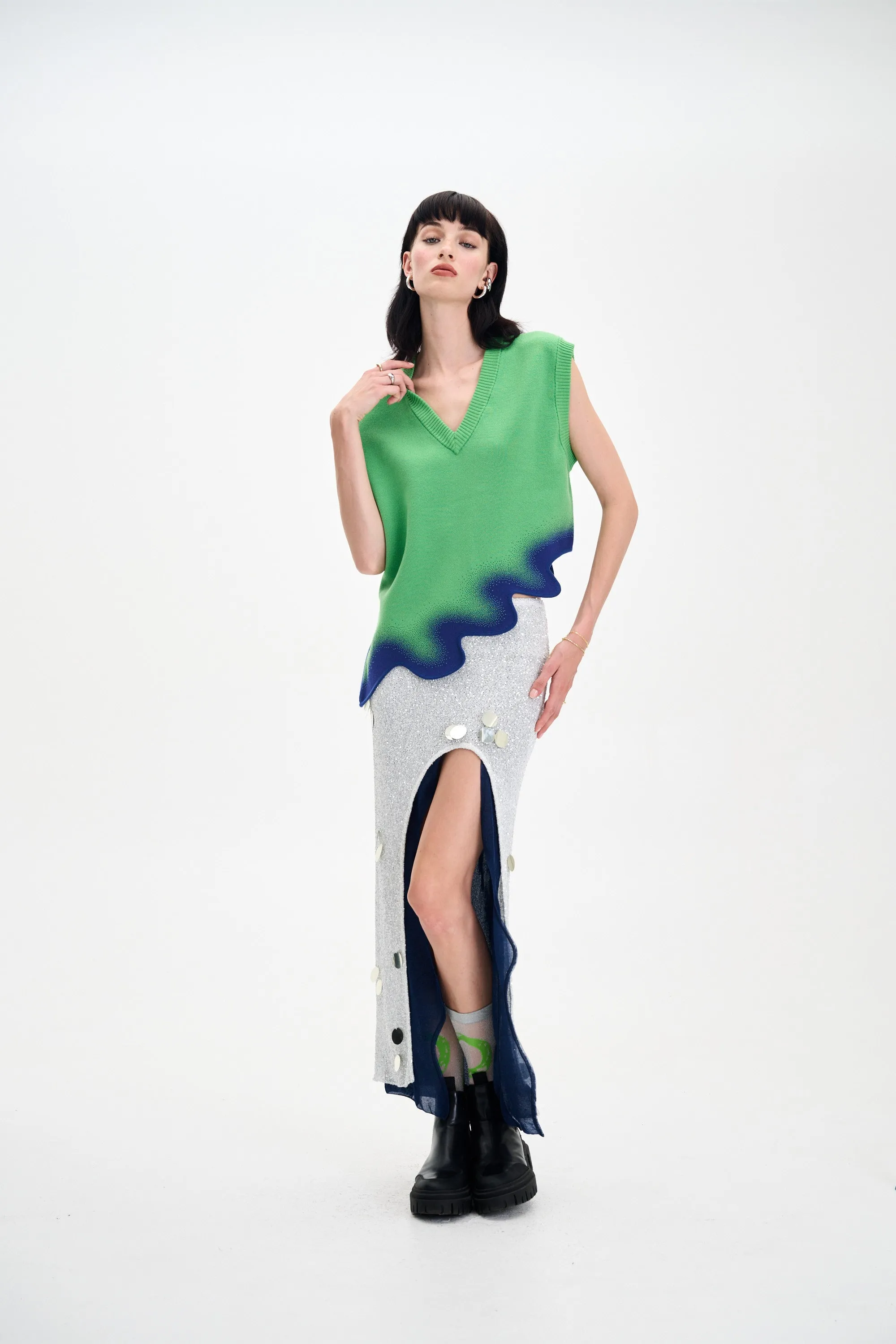 CATALINA OVERSIZED WAVY VEST Architectural Tailoring Denim Shirt