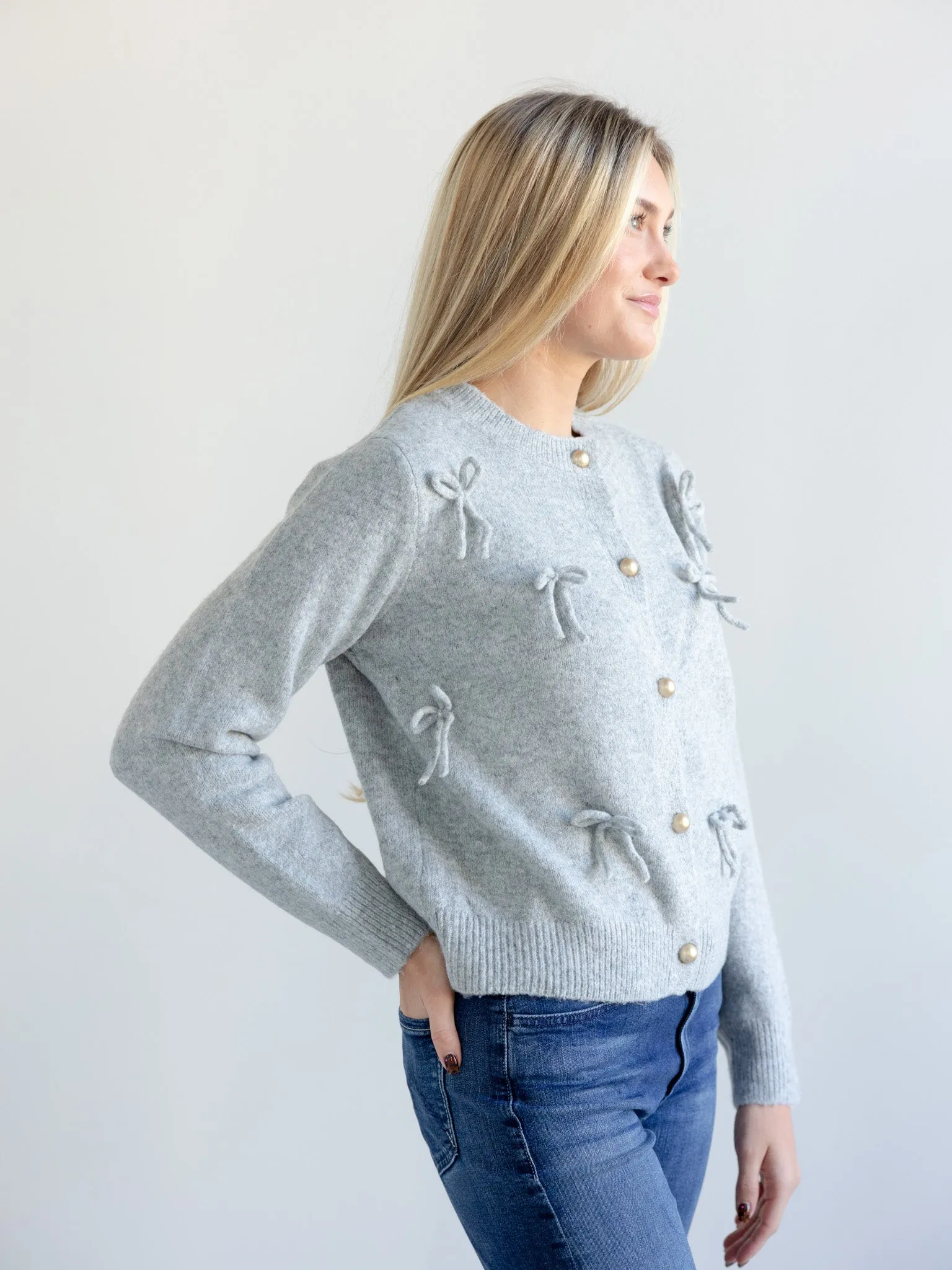 Annie Bow Cardigan Grey Relaxed fit wear High Density Weave