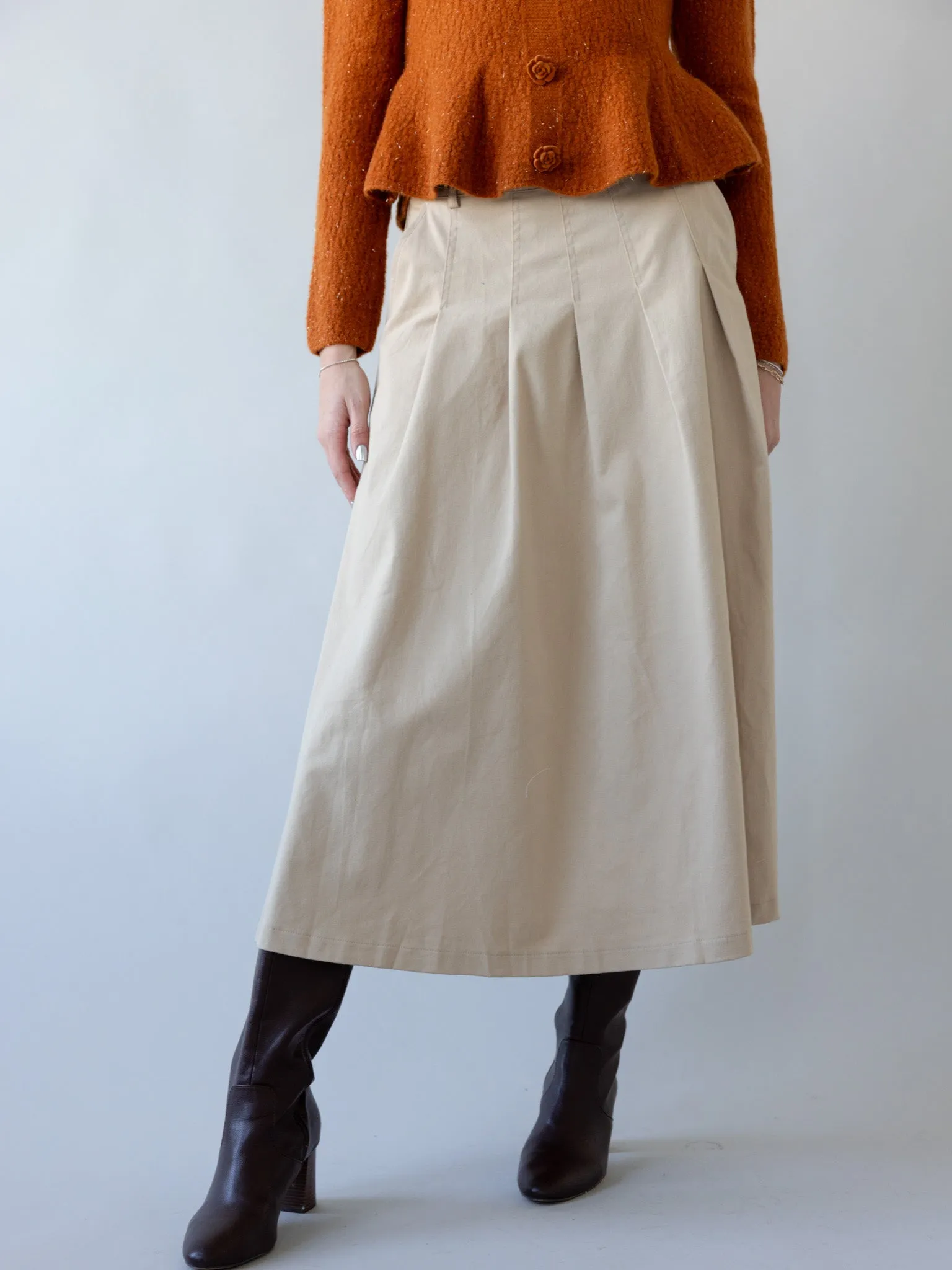 Agatha Khaki Midi Skirt Neutral Look Artisanal Craft