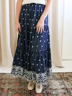 Navy Embroidered Midi Skirt Removable Belt Easy Movement