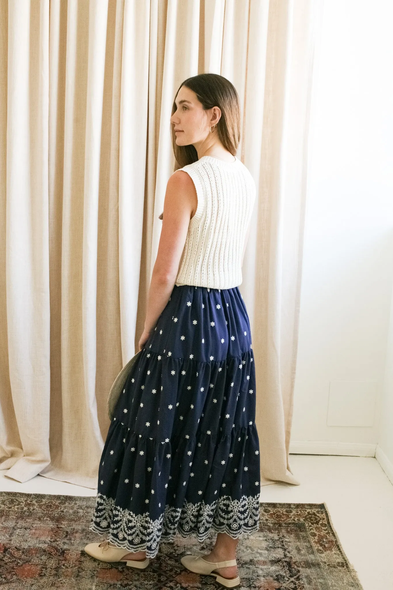 Water Resistant Navy Embroidered Midi Skirt