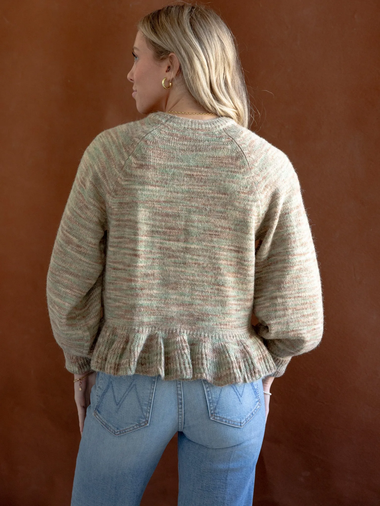 Snuggly Knitwear Non Restrictive Fit Moss Ruffle Hem Sweater