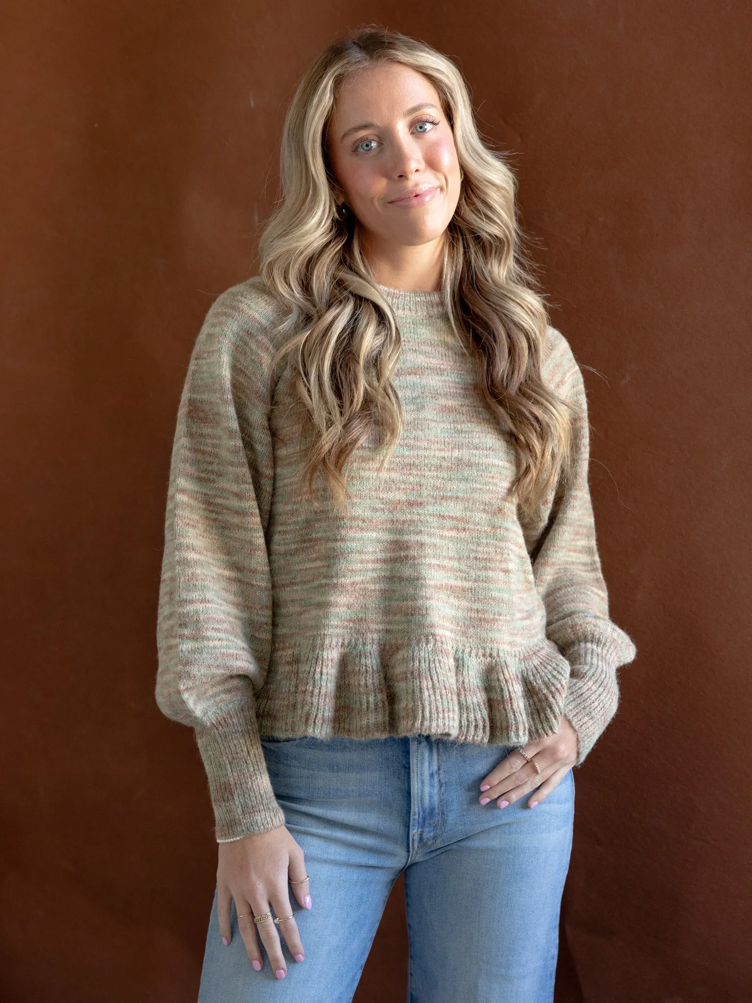 Versatile Layering Moss Ruffle Hem Sweater