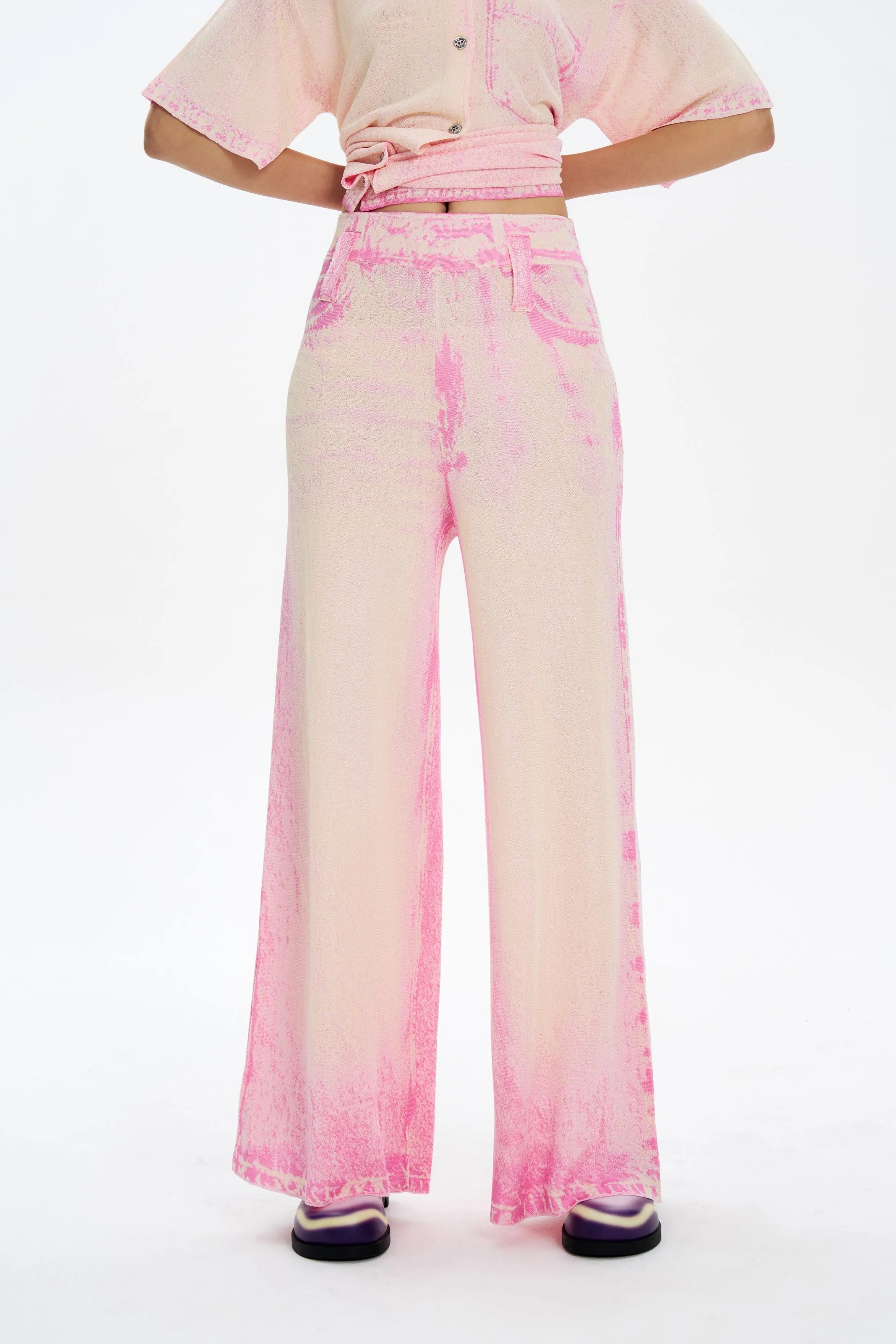 Flexible Knee Articulation ARIA DENIM PRINT WIDE LEG PANTS