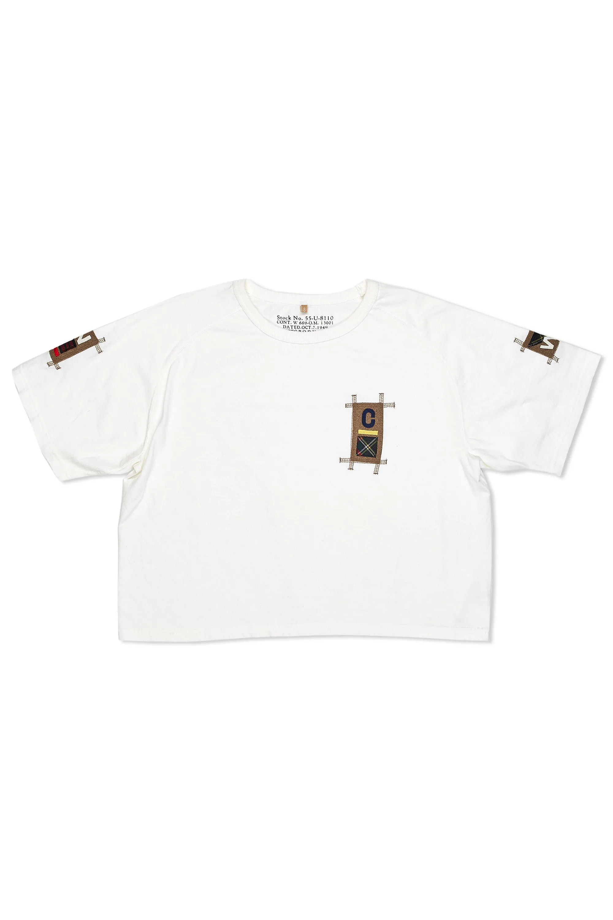 Monochrome Palette Tailored Silhouette Nigel Cabourn Ladies Off White Badges Cotton Big T-Shirt