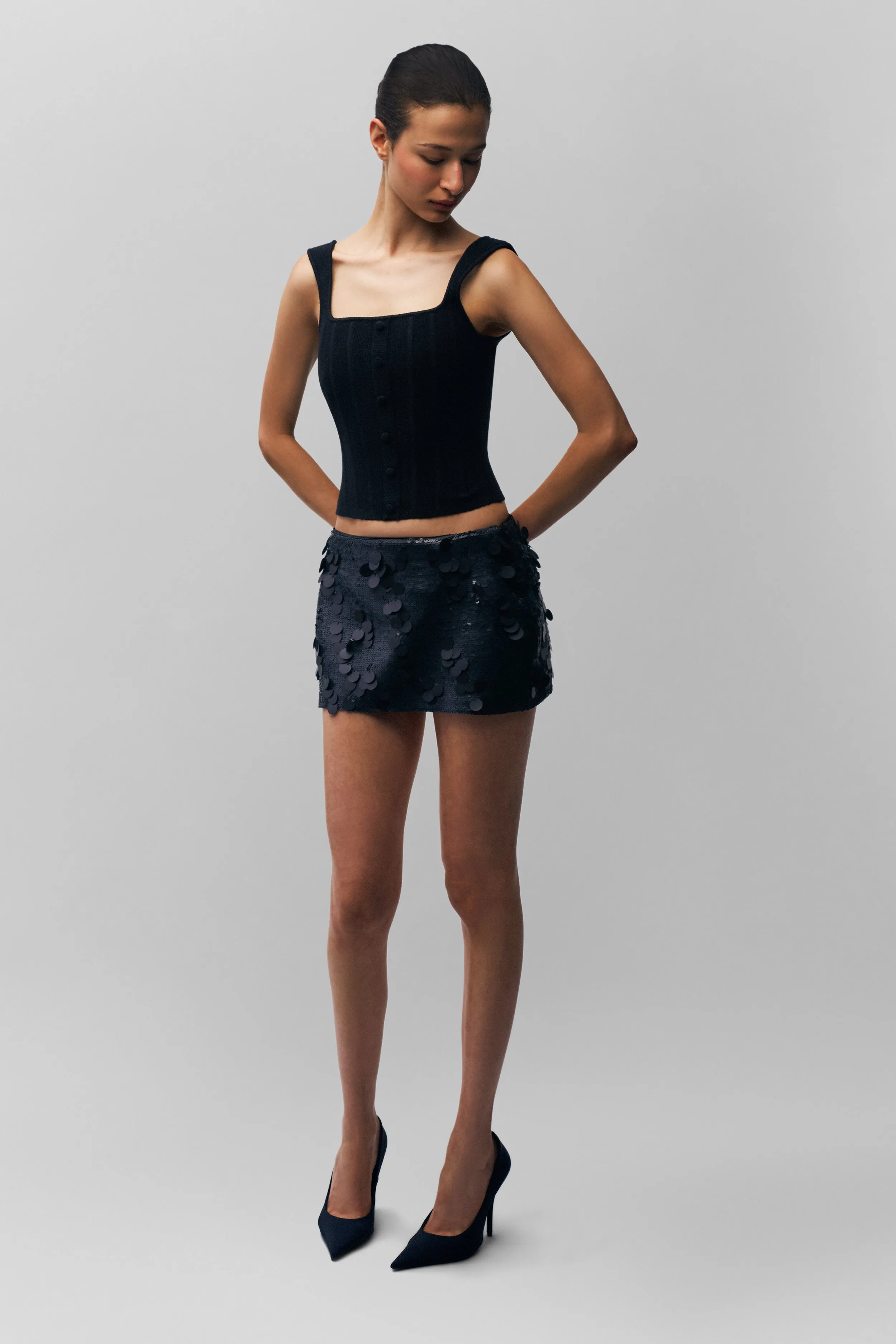 Low Rise Paillette Skirt Designer Inspired perforated design