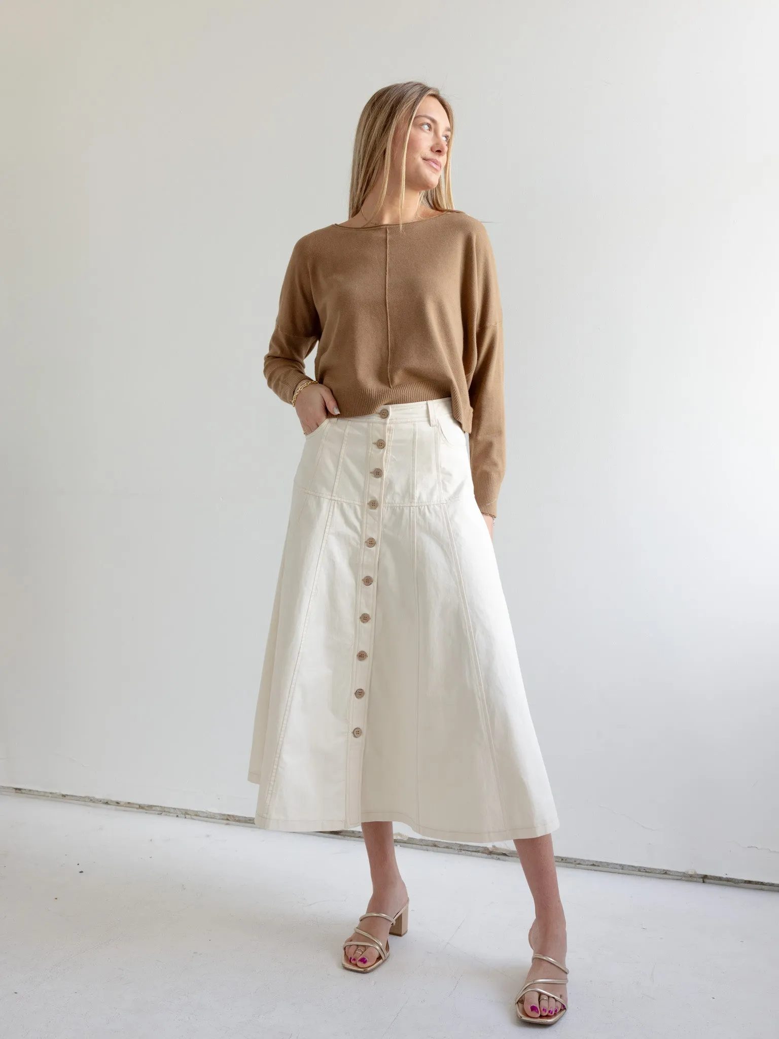 Low Maintenance Fabric Travel Influence Taupe Midi Skirt