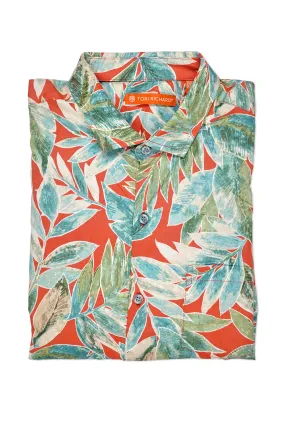 Outdoor Adventure Tori Richard Red with Green/Blue Leaf Pattern Cotton Short Sleeve Shirt