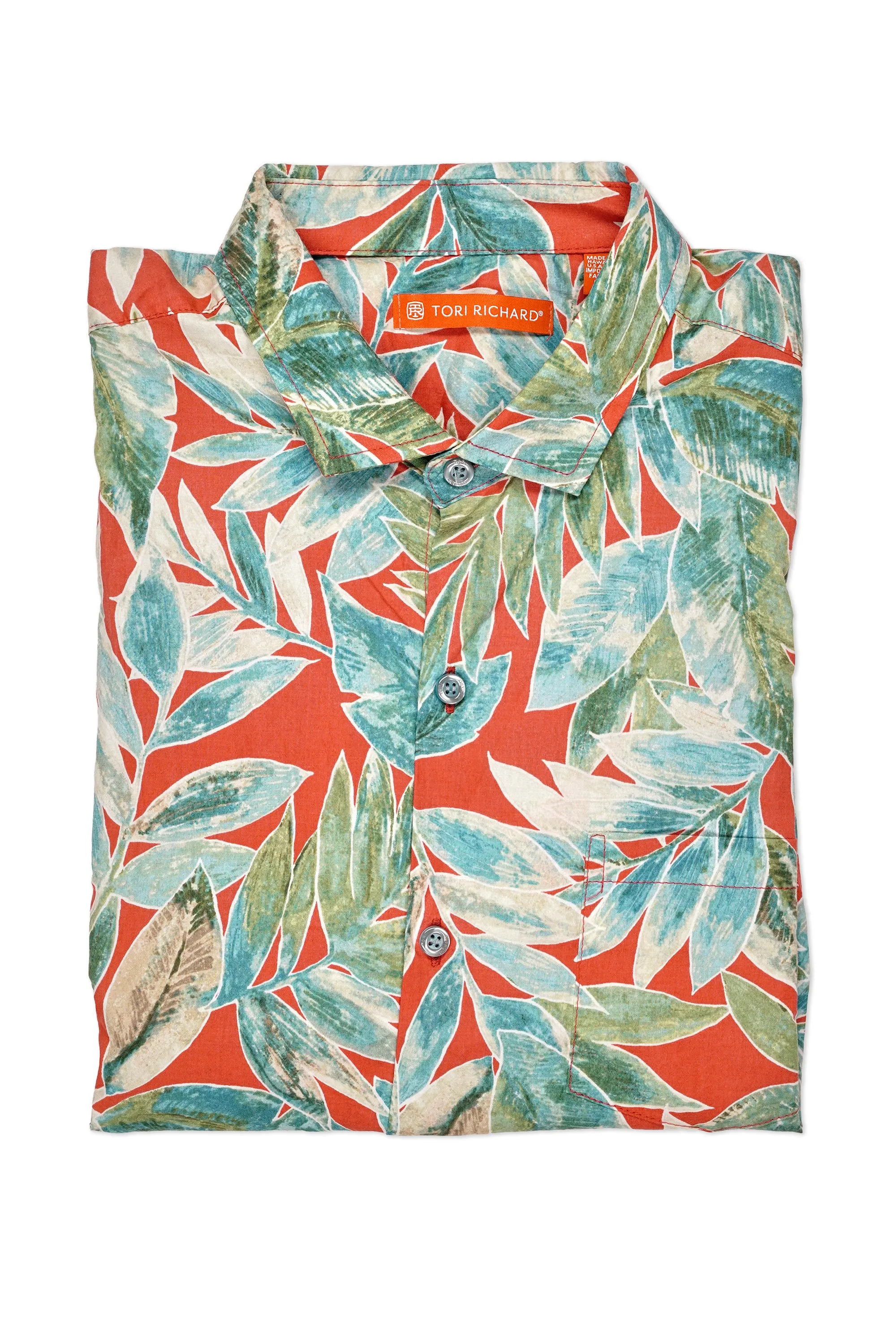 Outdoor Adventure Tori Richard Red with Green/Blue Leaf Pattern Cotton Short Sleeve Shirt