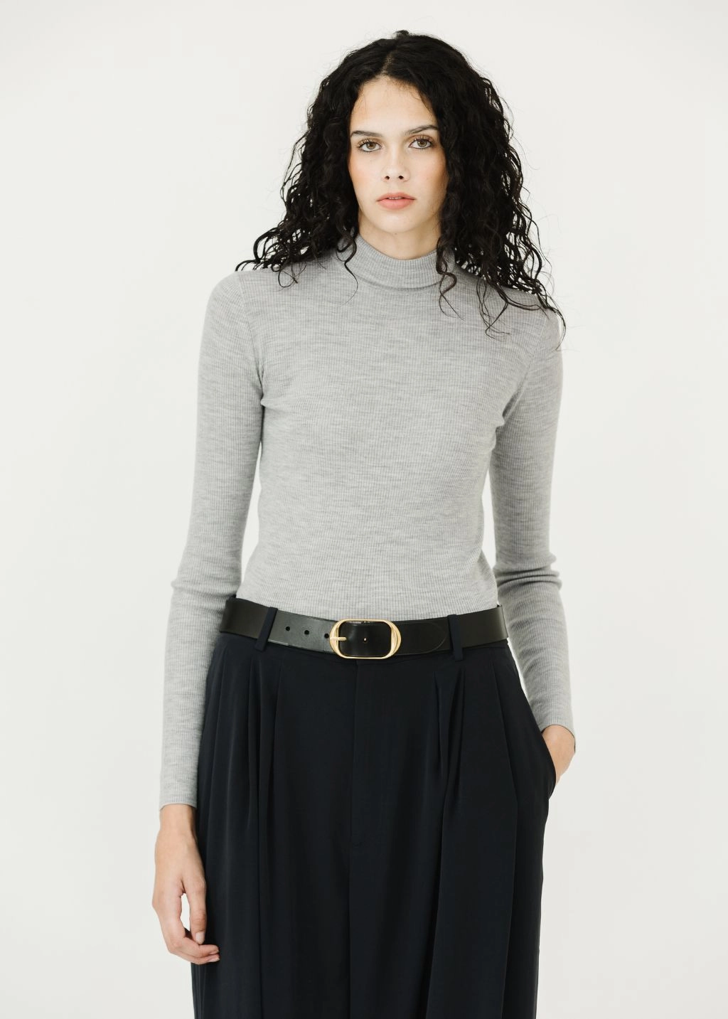 Tibi Feather Weight Ribbed Sweater Turtle Neck Pullover in Grey AdjustableHemCuffs ButtonFront